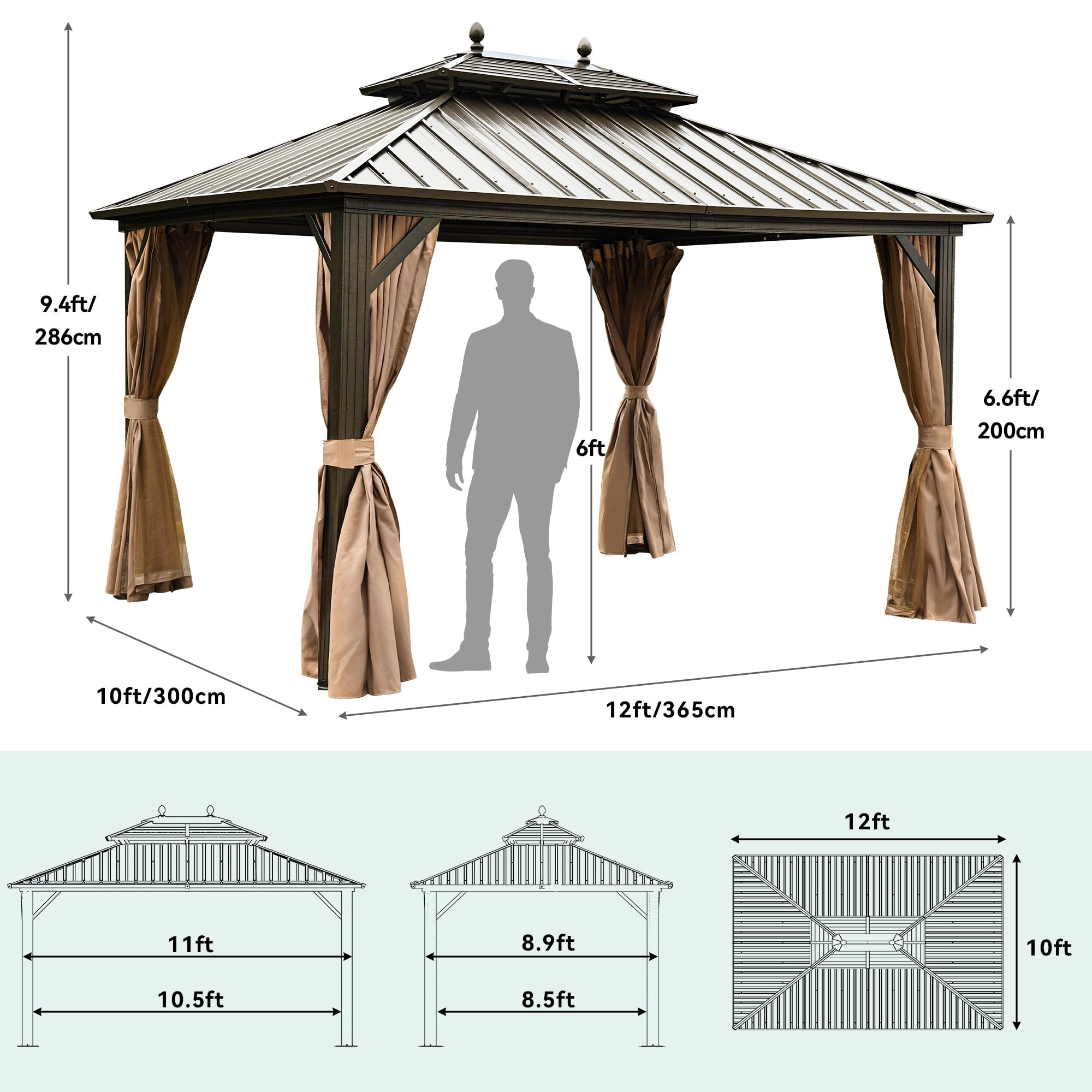 YITAHOME 10x12ft Gazebo Hardtop with Nettings and Curtains, Heavy Duty Double Roof Galvanized Steel Outdoor Combined of Horizontal Vertical Stripes Roof for Patio, Backyard, Deck, Lawn, Bronze