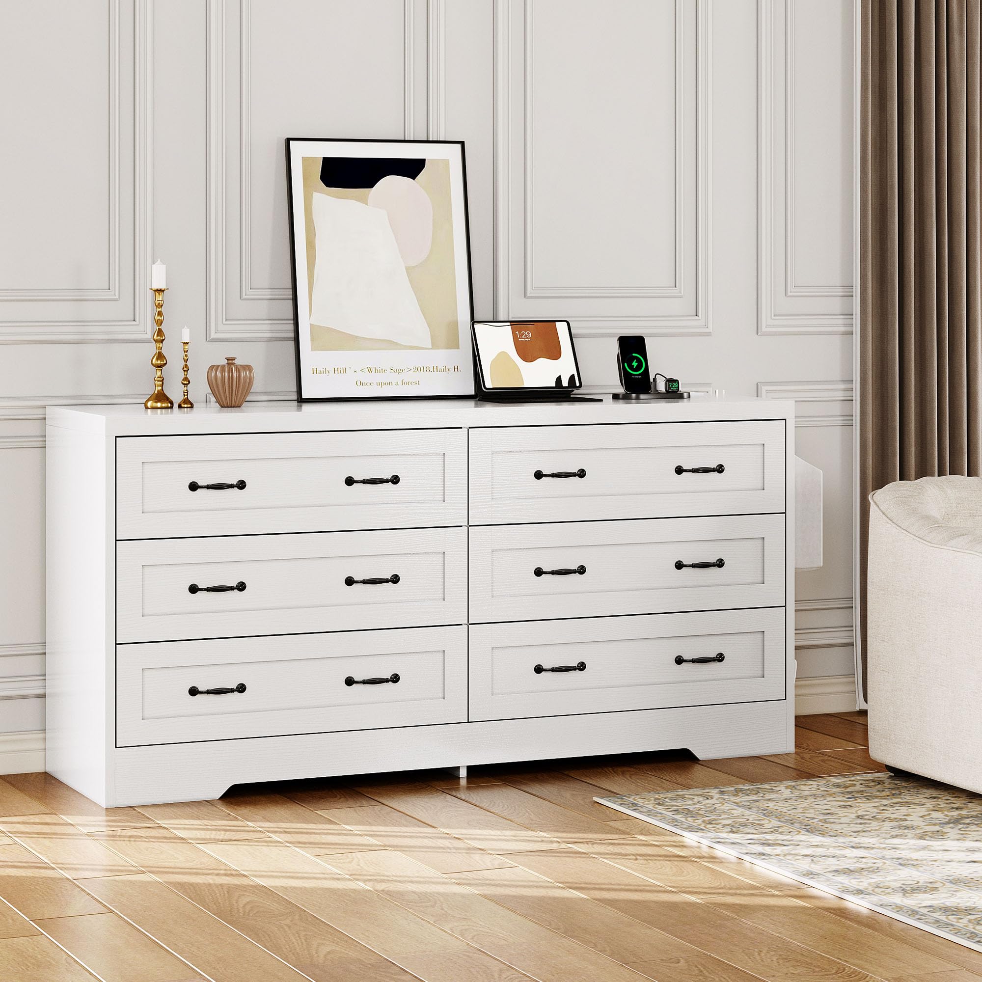 DWVO Farmhouse 6 Drawer Dresser for Bedroom, 59" Wide Large Modern Dresser TV Stand with Drawers & Bar Handles, Storage Dressers with Power Outlets, Rustic Wood Chest of Drawers, White