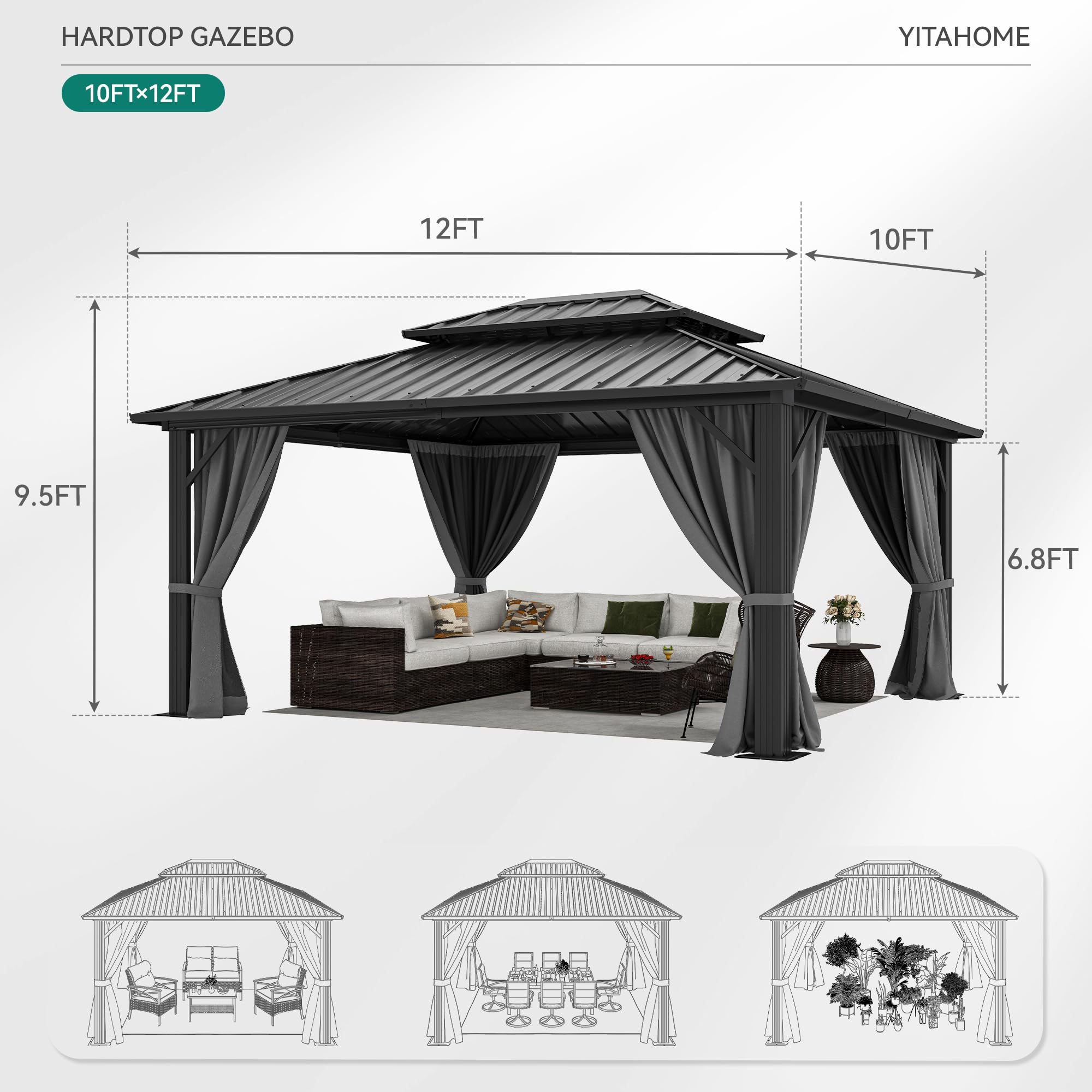 YITAHOME 10X12FT Hard Top Metal Gazebo Patios Double Roof Canopy Aluminum Frame Garden Gazebo Tent Curtains Netting for Patios Backyards Decks Lawns Gray