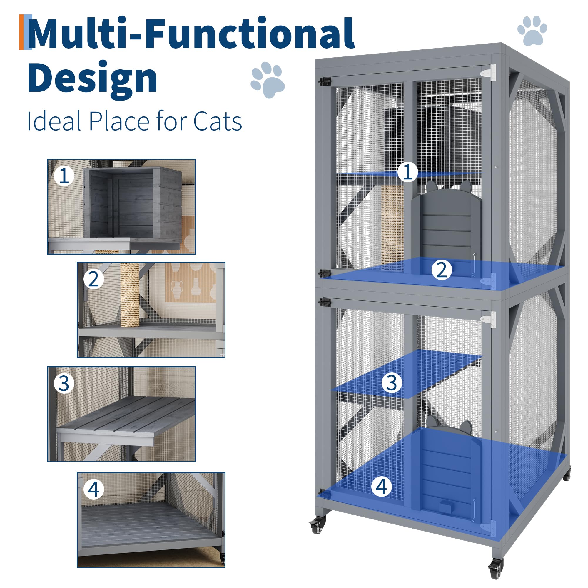Outdoor Cat Enclosure On Wheels, 68'' Window Catio Kitty House with Weatherproof Roof, 4 Platforms, Resting Box and Scratch Post, Portable Cat Playpen Feral Cats Shelter Grey