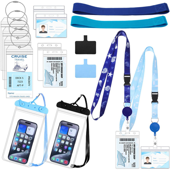 Cruise Ship Essentials 2026 Must Haves Set, 2 Pack Lanyards for Cruise Ship Cards with Id Holder and 4 Pack Cruise Luggage Tags Holder with 2 Waterproof Phone Pouch & 2 Cruise Chairs Towel Bands