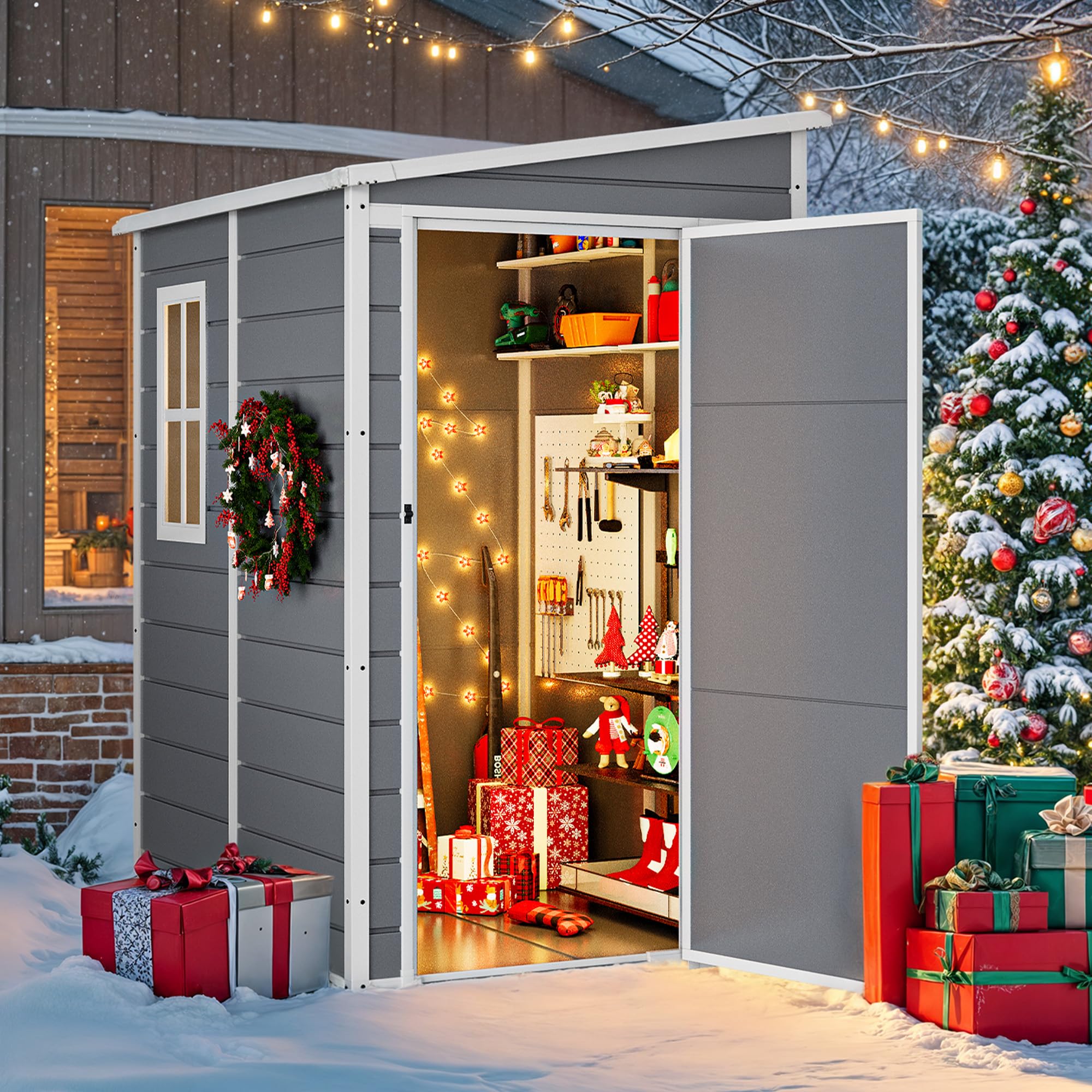 DWVO 5x4ft Resin Outdoor Storage Shed with Floor, Large Waterproof Lockable Storage Shed with Window, Plastic Outside Tool Storage for Garden, Backyard, Patio, Lawn, Gray