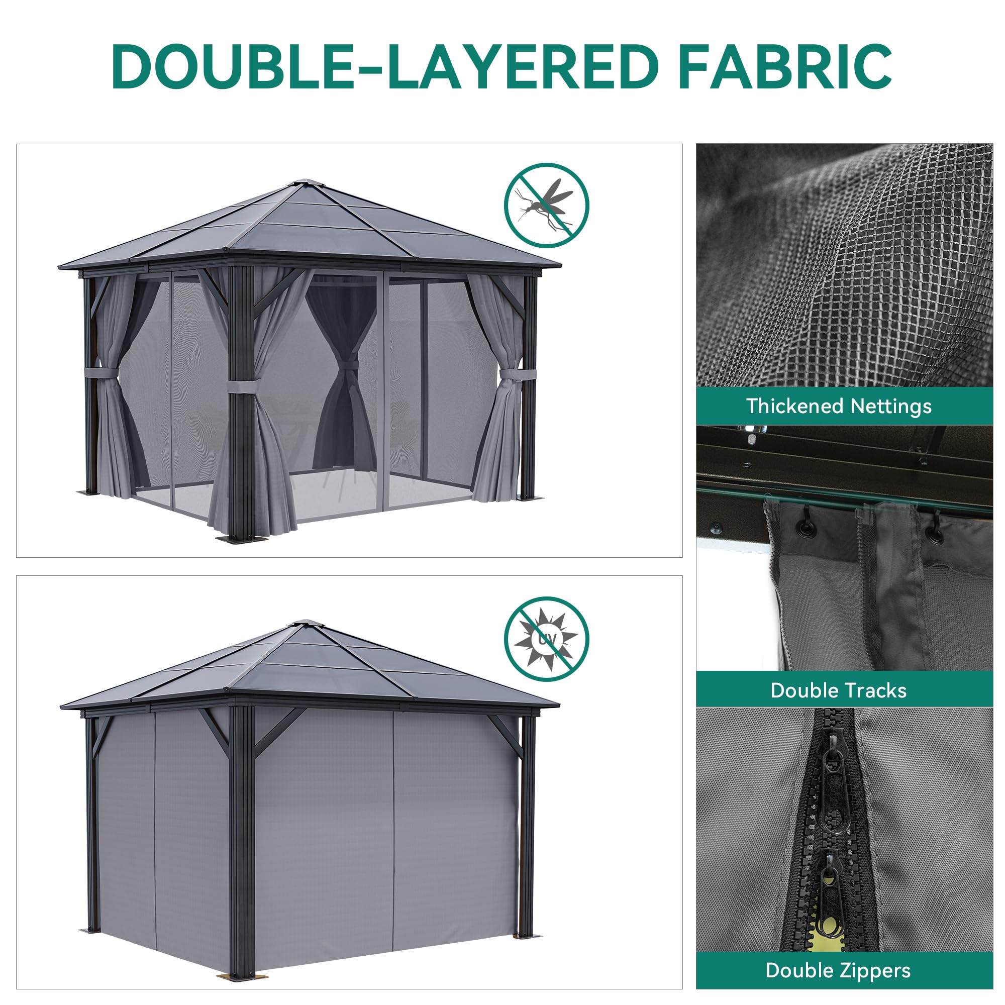 YITAHOME 10x10ft Gazebo Hardtop Outdoor Polycarbonate Canopy with Netting and Shaded Curtains, Aluminum Frame Garden Tent for Patio, Backyard, Deck and Lawns