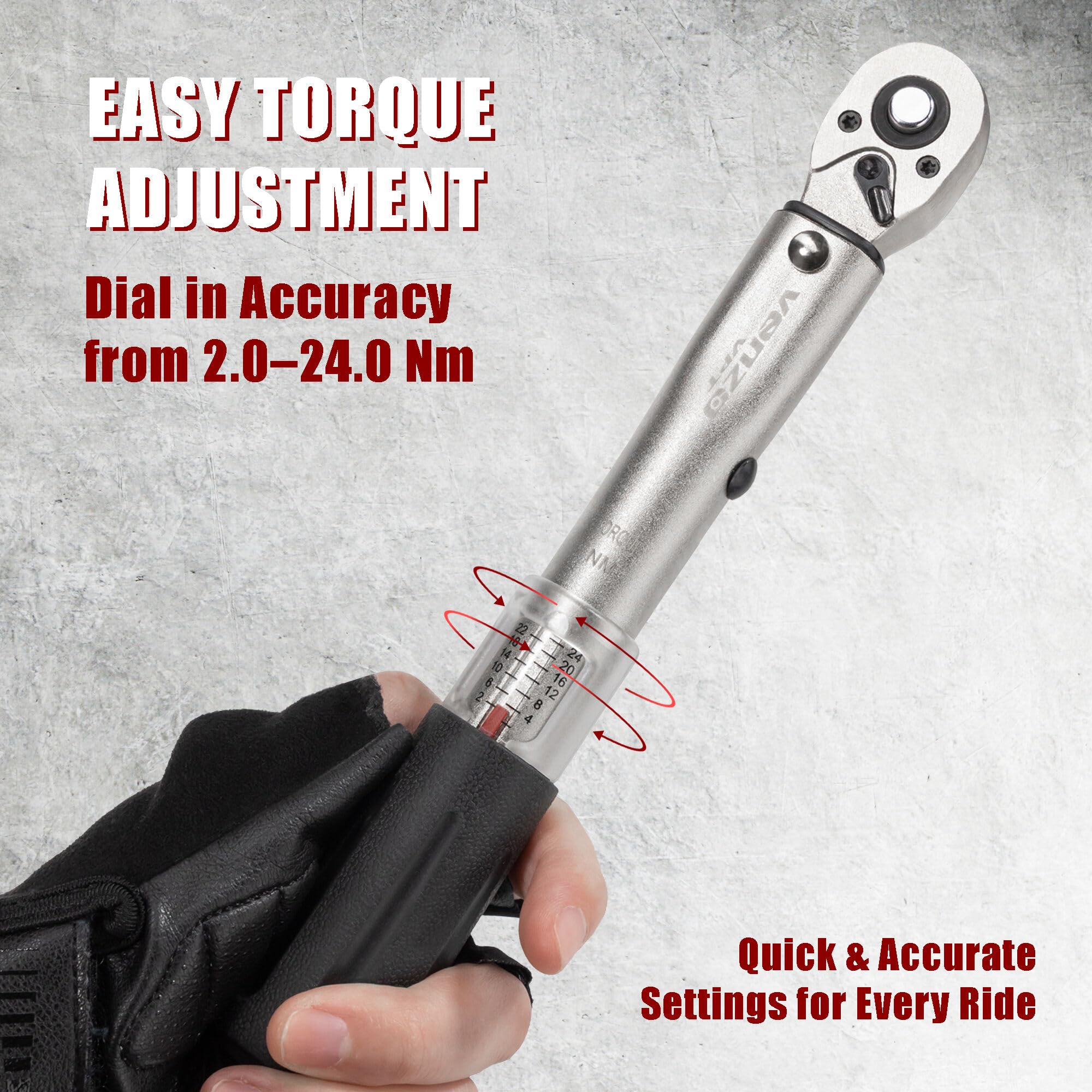 Venzo Bicycle Bike 1/4 Inch Driver - Torque Wrench Allen Key Tools Socket Set Kit 2-24Nm - Small Adjustable