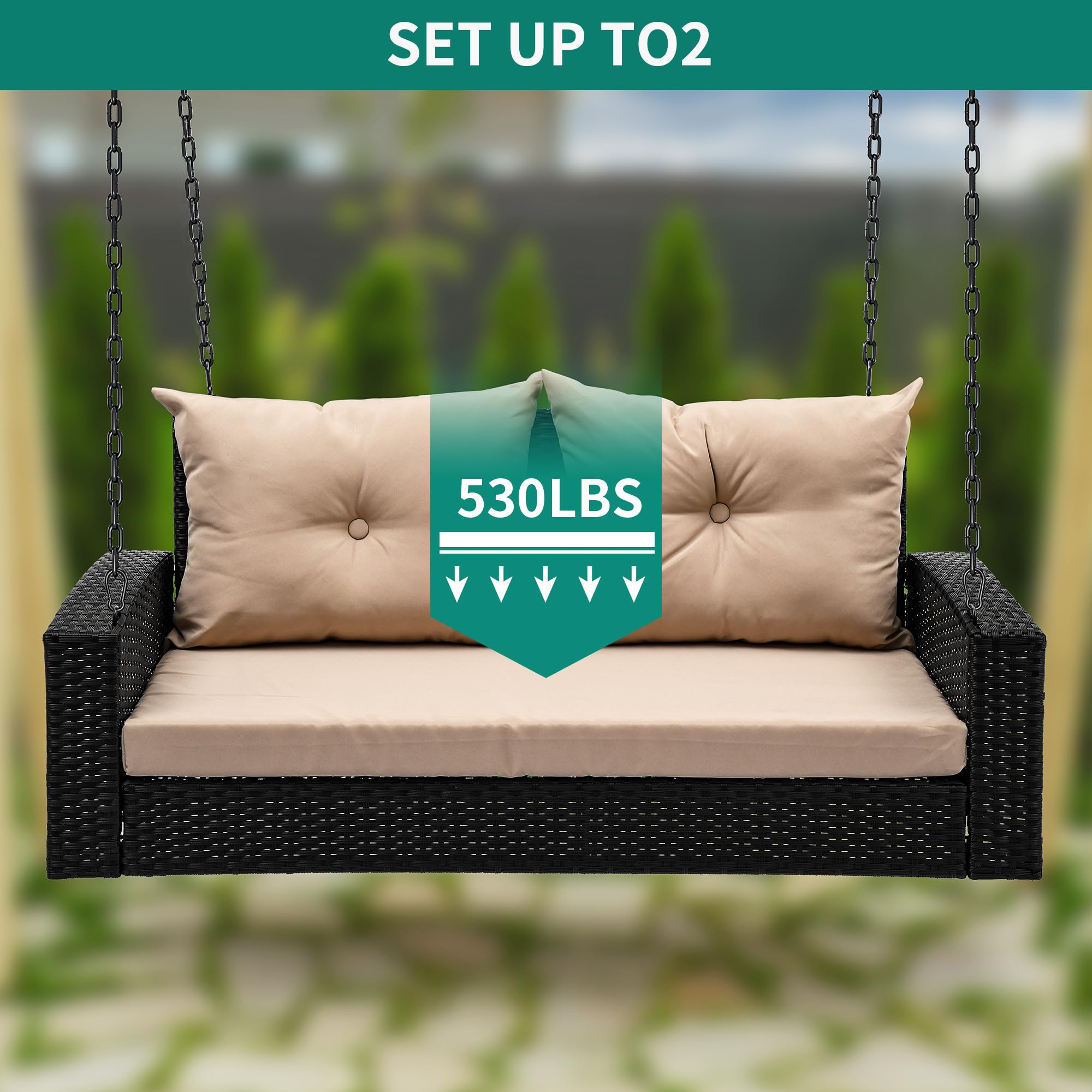 YITAHOME Wicker Hanging Porch Swing Chair 2-Seats Outdoor Black Rattan Patio Swing Lounge w/ 2 Back Cushions Capacity 530lbs for Garden, Balcony, Living Room, Beige
