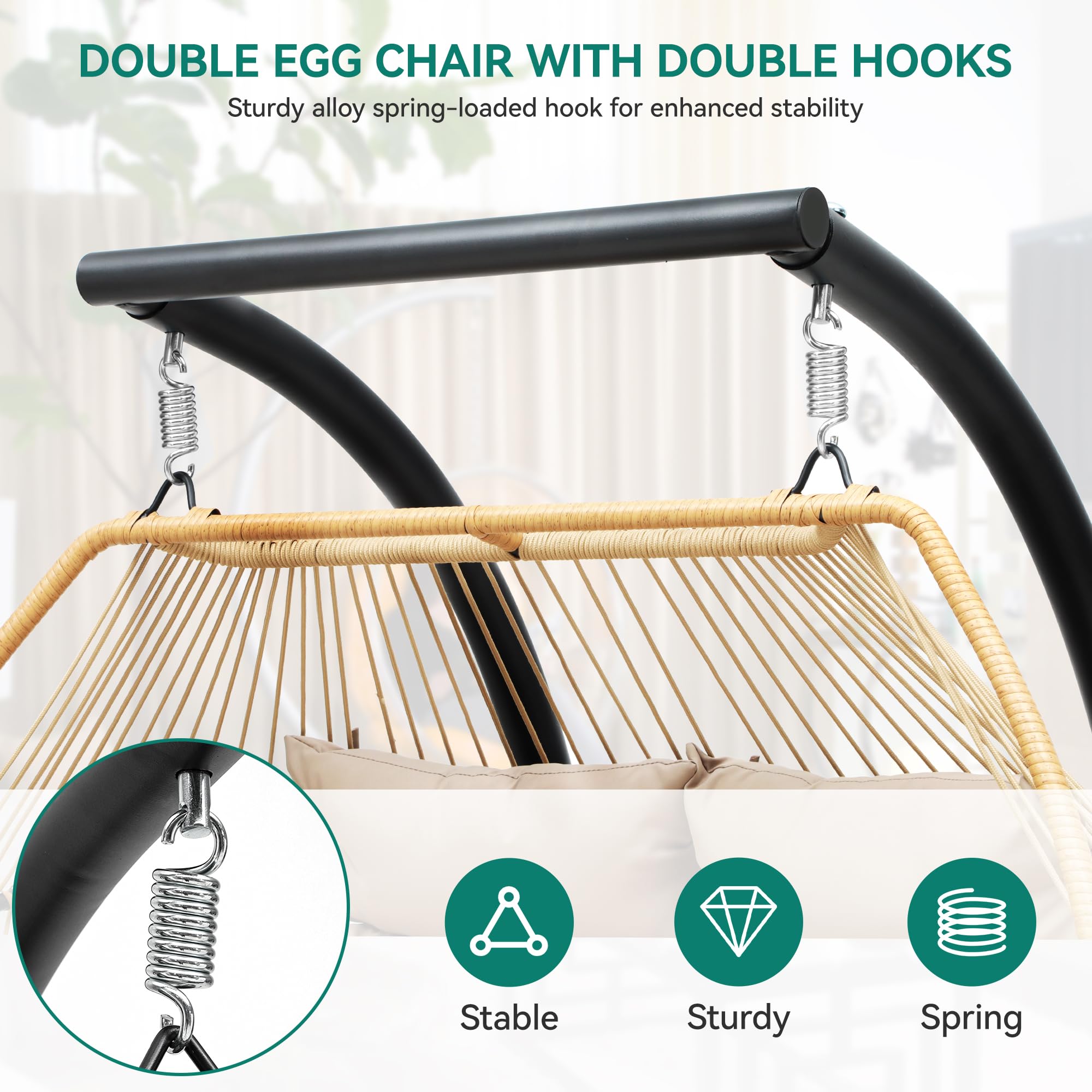 YITAHOME 2 Person Hanging Egg Swing Chair with Stand Egg Chair Wicker Indoor Outdoor Hammock with Cushions 550lbs for Patio, Bedroom, Garden and Balcony, Khaki(Stand Included)