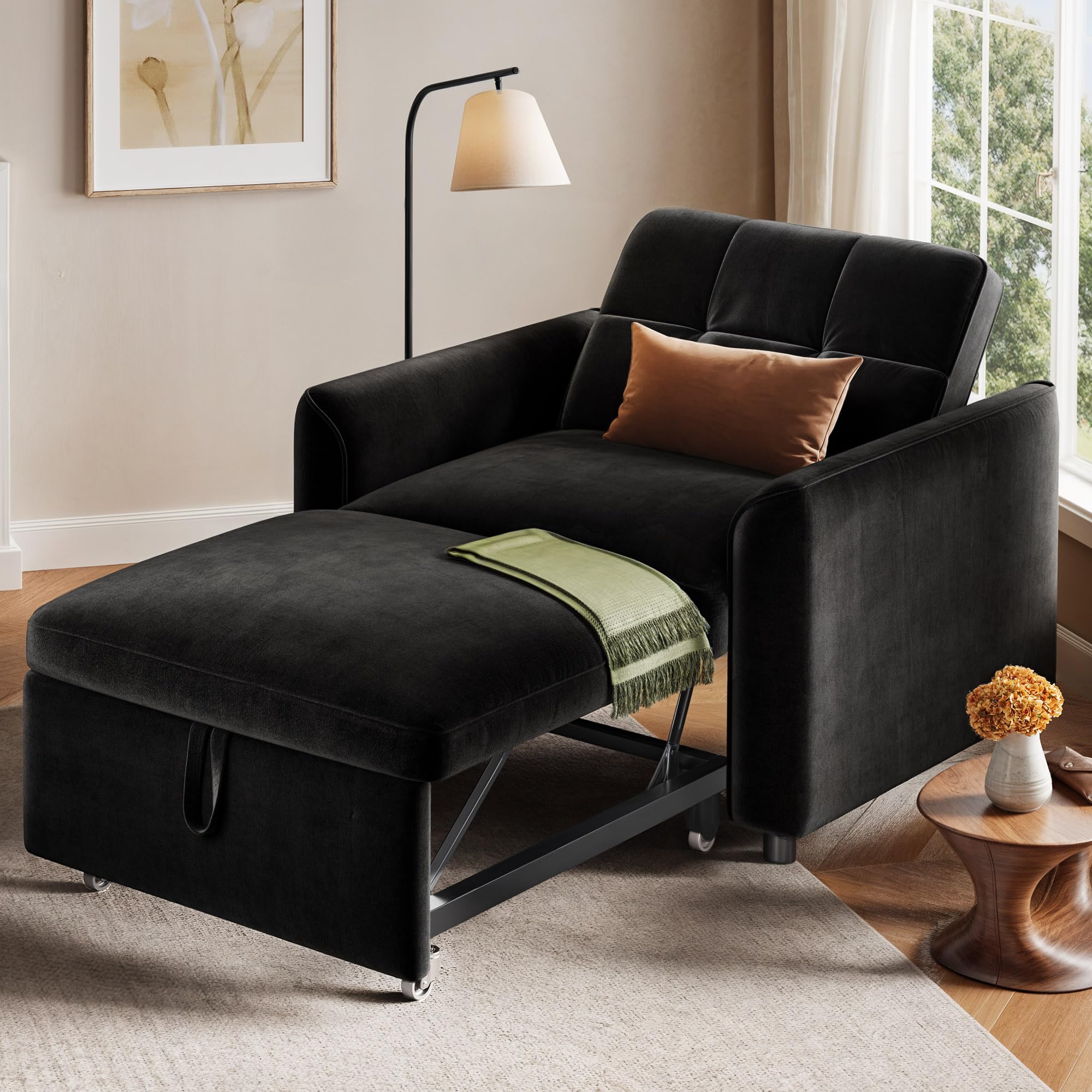 YITAHOME Convertible Sofa Chair Bed, 3-in-1 Sleeper Sofa with Pull-Out Bed, Velvet Fabric Single Sleeper Chair with Reclining and Button Tufted Backrest, Modern Lounge Chair for Small Space, Black