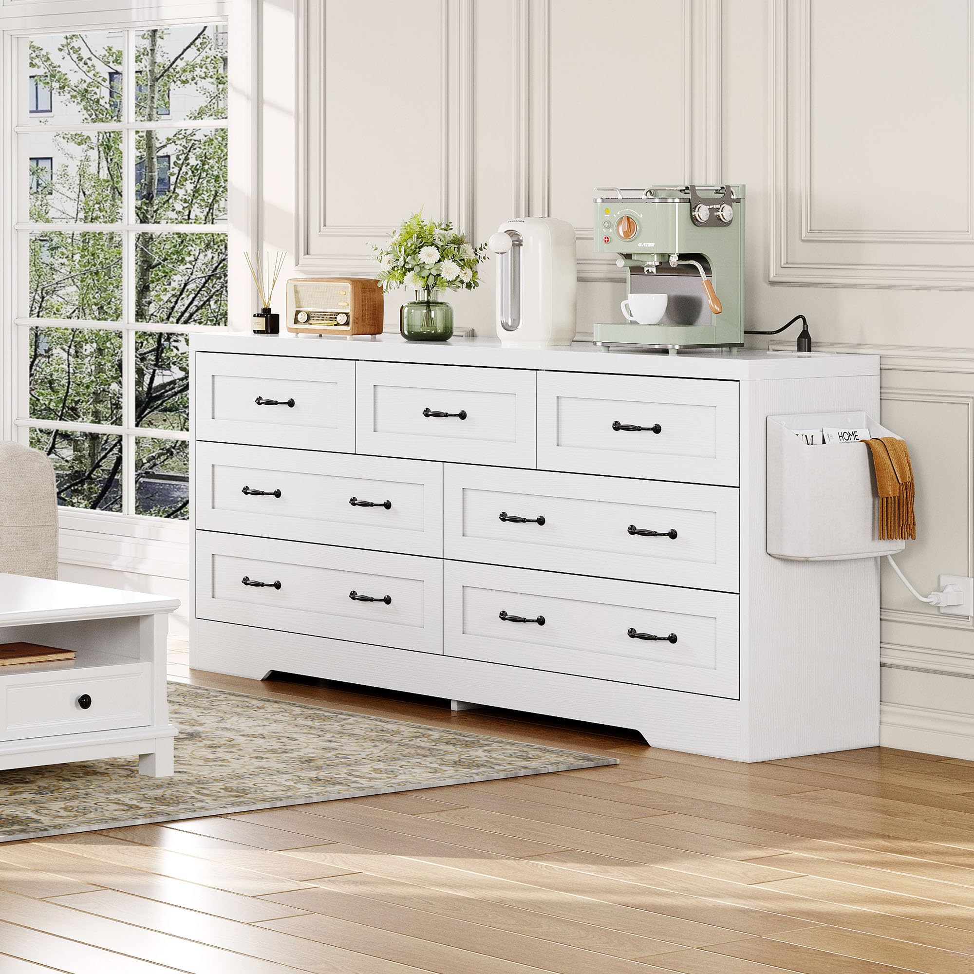 DWVO Farmhouse 7 Drawer Dresser for Bedroom, 59" Wide Large Modern Dresser TV Stand with Drawers & Bar Handles, Storage Dressers with Power Outlets, Rustic Wood Chest of Drawers, White