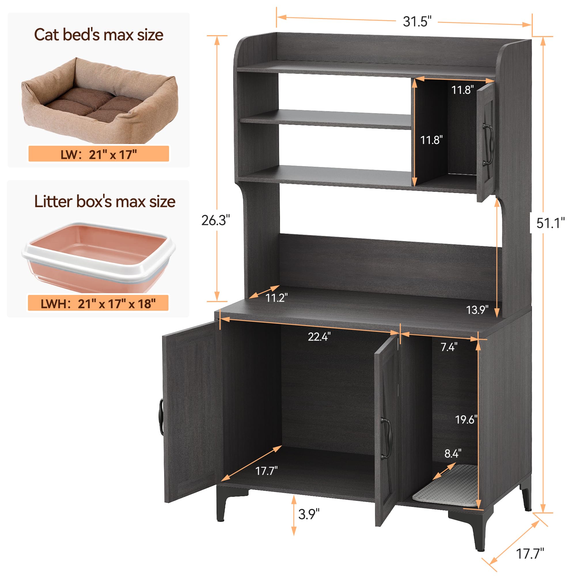 IDEALHOUSE Cat Litter Box Enclosure with Shelves and Doors,Wood Sturdy Hidden Litter Box Furniture,Indoor Cat House Furniture for Most of Litter Box,Litter Box Cabinet,Walnut Color