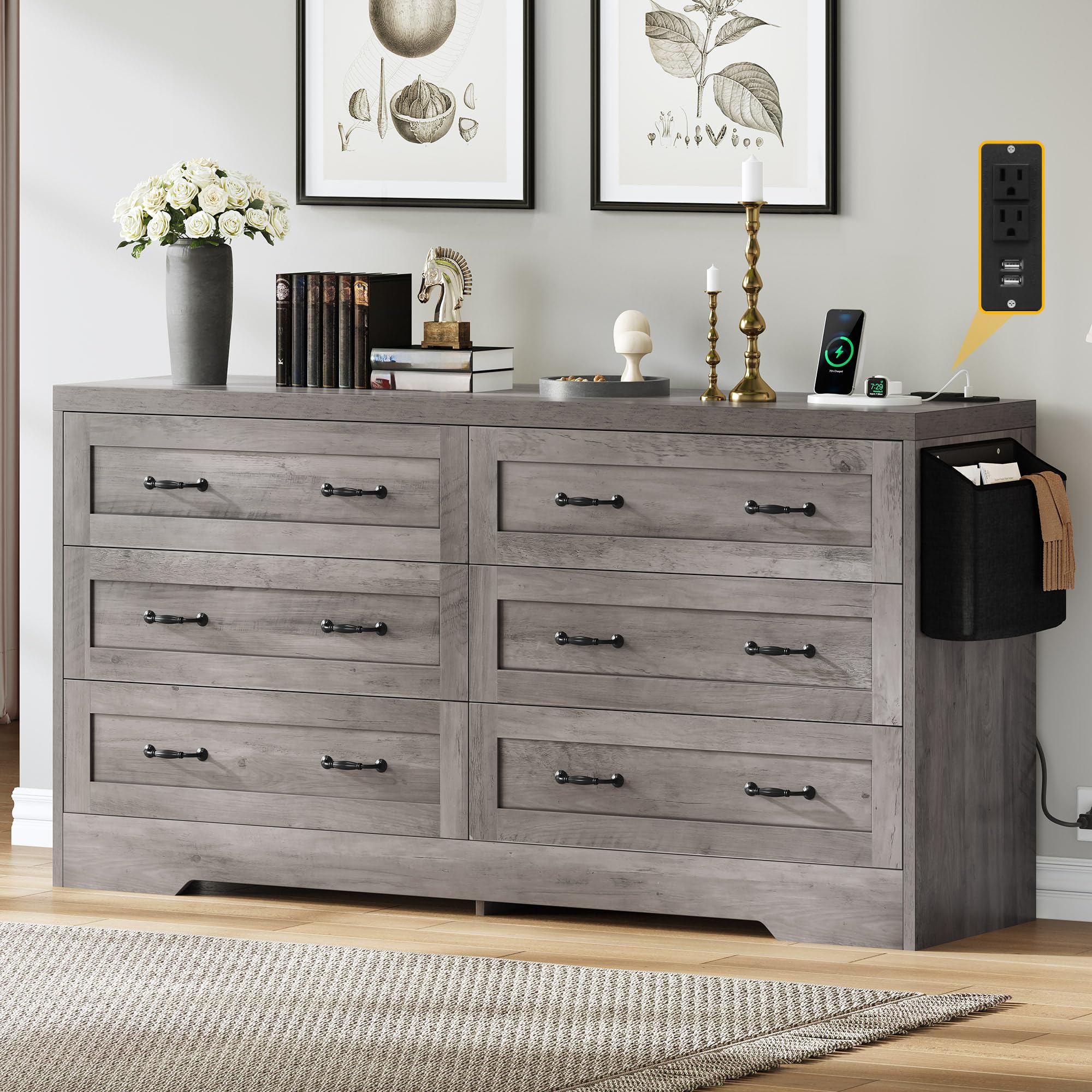 DWVO Farmhouse 6 Drawer Dresser for Bedroom, 59" Wide Large Modern Dresser TV Stand with Drawers & Bar Handles, Storage Dressers with Power Outlets, Rustic Wood Chest of Drawers, Grey