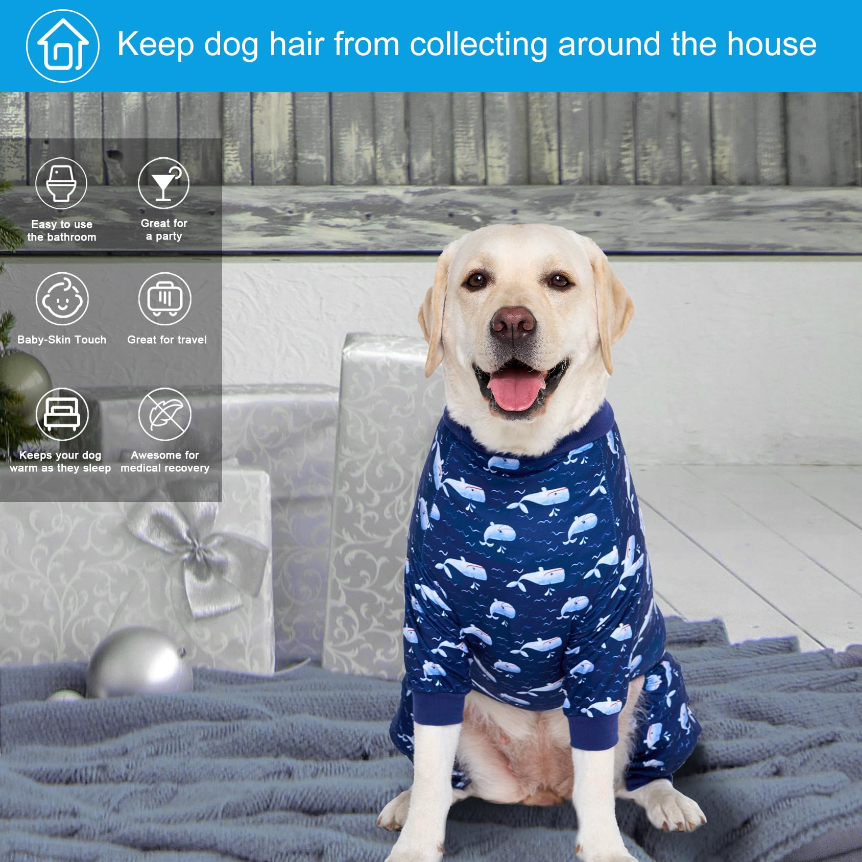 LovinPet Large Dog Outfit, Dog Onesie for Surgery, Large Breed Dog Pajamas, Lightweight Navy Whale Print, Pet Pajamas for Dogs, UV Protection Shirt for Dogs, Pitbull Clothes,Blue, L