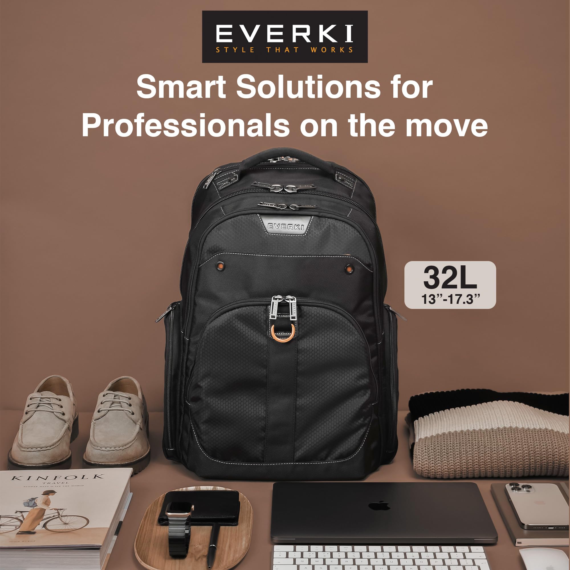 EVERKI 32L Atlas Business Laptop Backpack – Adjustable Compartment for Work, Travel-Friendly Business & Office Backpack for Men & Women, College, Durable Computer Bag, Fits 13"-17.3", Black