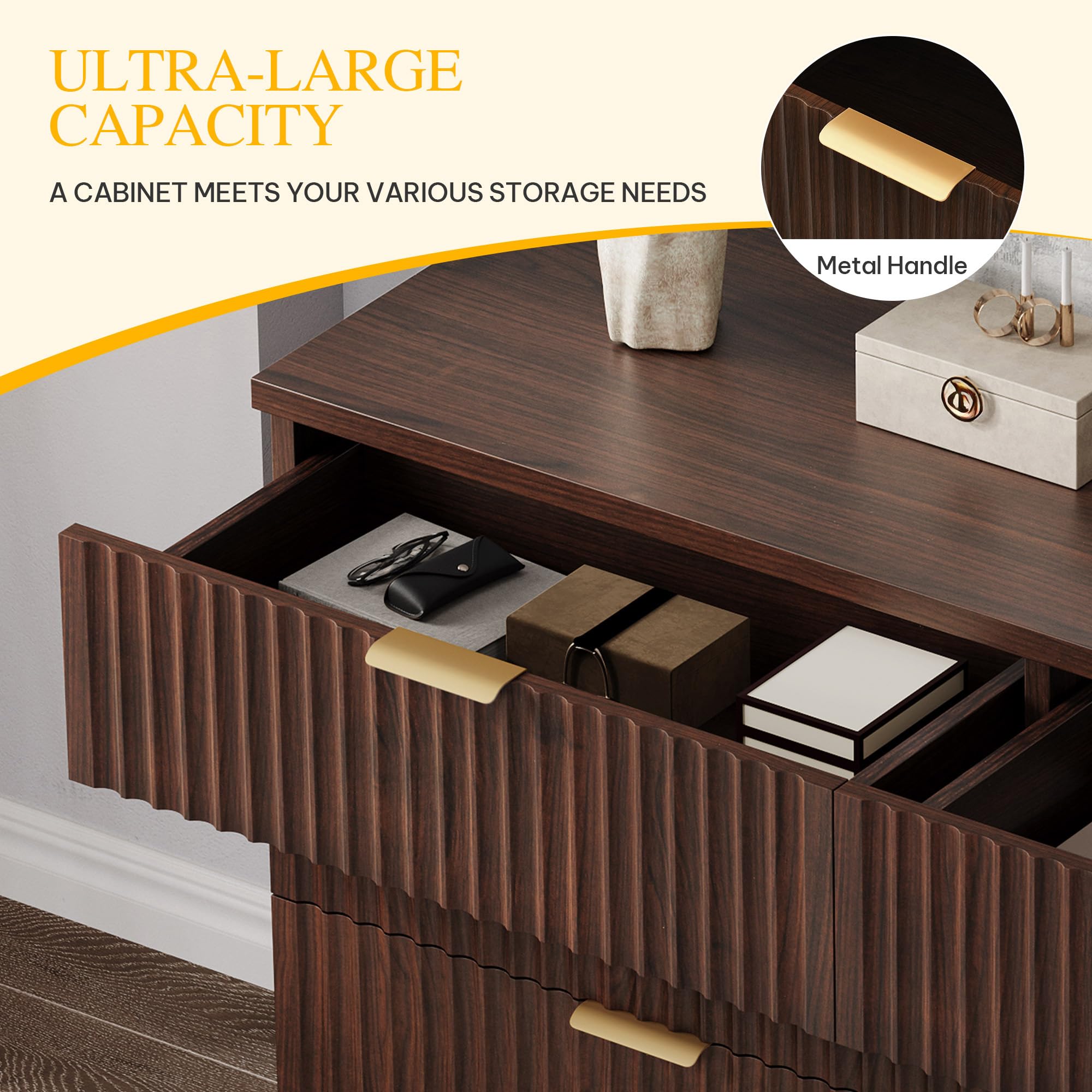 DWVO Fluted 6 Drawer Dressers, 47.5" Wide Modern Chest of Drawers, Wooden Dresser with Metal Handle, Versatile TV Stand Cabinet Table for Bedroom, Closet, Living Room, Hallway, Walnut