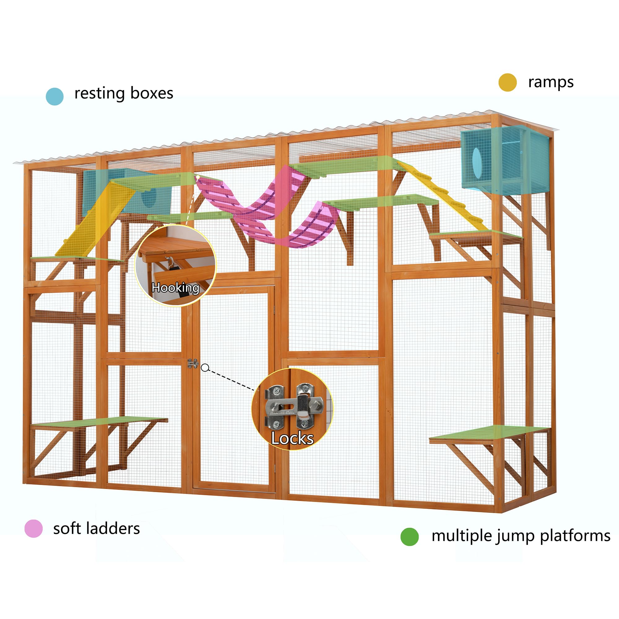 118" Large Wooden Window Catio Outdoor Cat Enclosure Walk in Cat Cage Kitten Playpen Patio with Weatherproof Roof, 2 Resting Houses,2 Bouncy Bridges and 6 Platforms Natural Wood