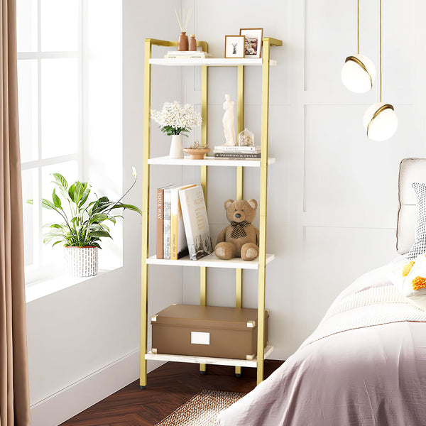 GarveeHome 4 Tier Ladder Shelf, Free Standing Gold Book Shelf, Gold Bookcase with Metal Frame, Display Bookcase, Plant Rack, Accent Furniture for Home Office, White and Golden