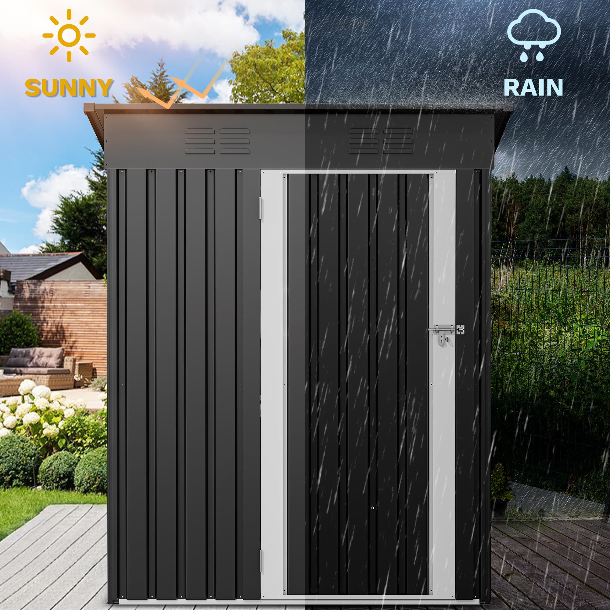 DWVO Outdoor Storage Shed, Weatherproof Tool Shed w/Locking Entry & Ventilation for Grass Cutter, Bike, Equipment, Courtyard, Garden (Dark Gray)