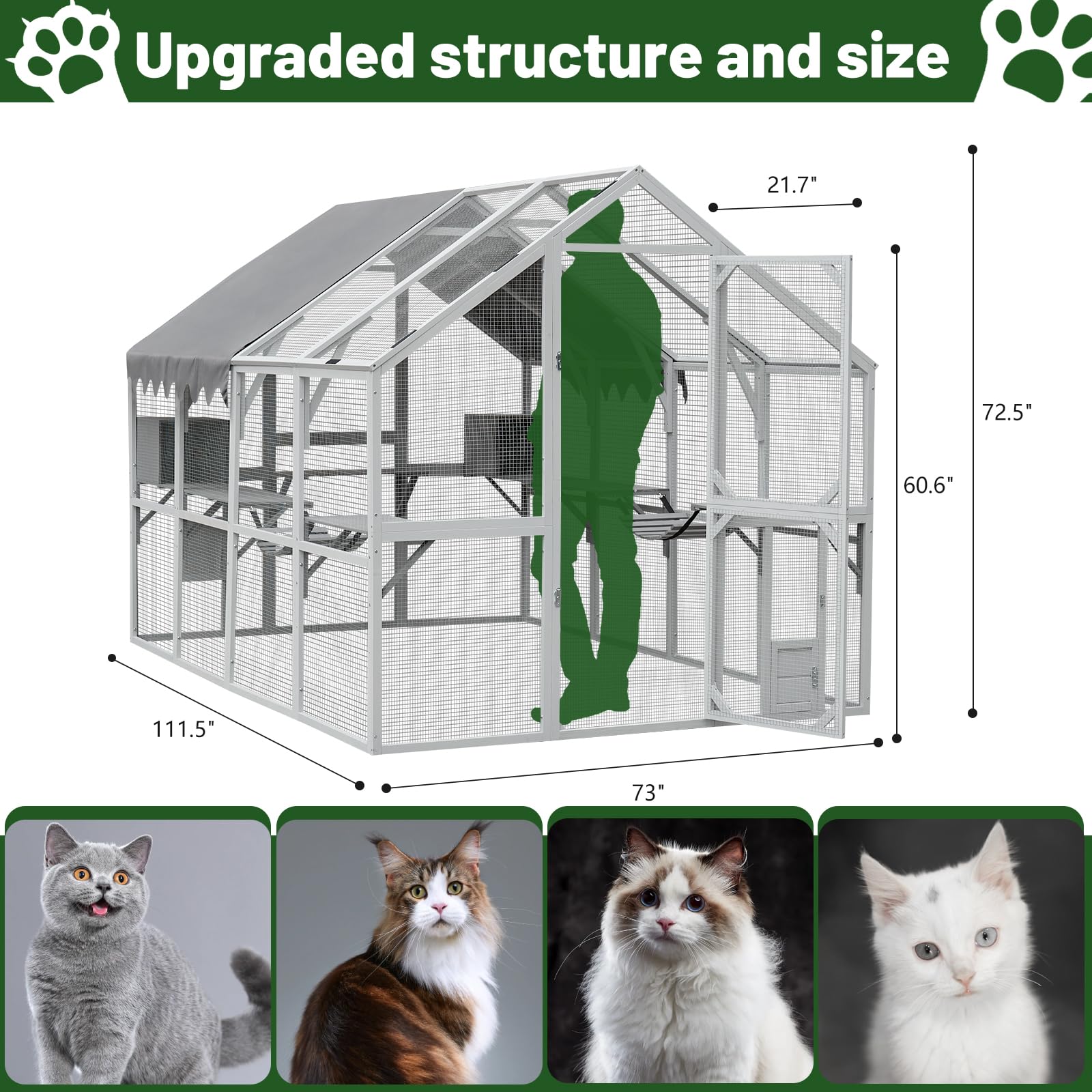 110" Large Wooden Window Catio Outdoor Cat Enclosure Walk in Cat Cage Kitten Playpen Patio with Weatherproof Roof, Multiple Platforms, 2 Bouncy Bridges and 2 Resting Houses