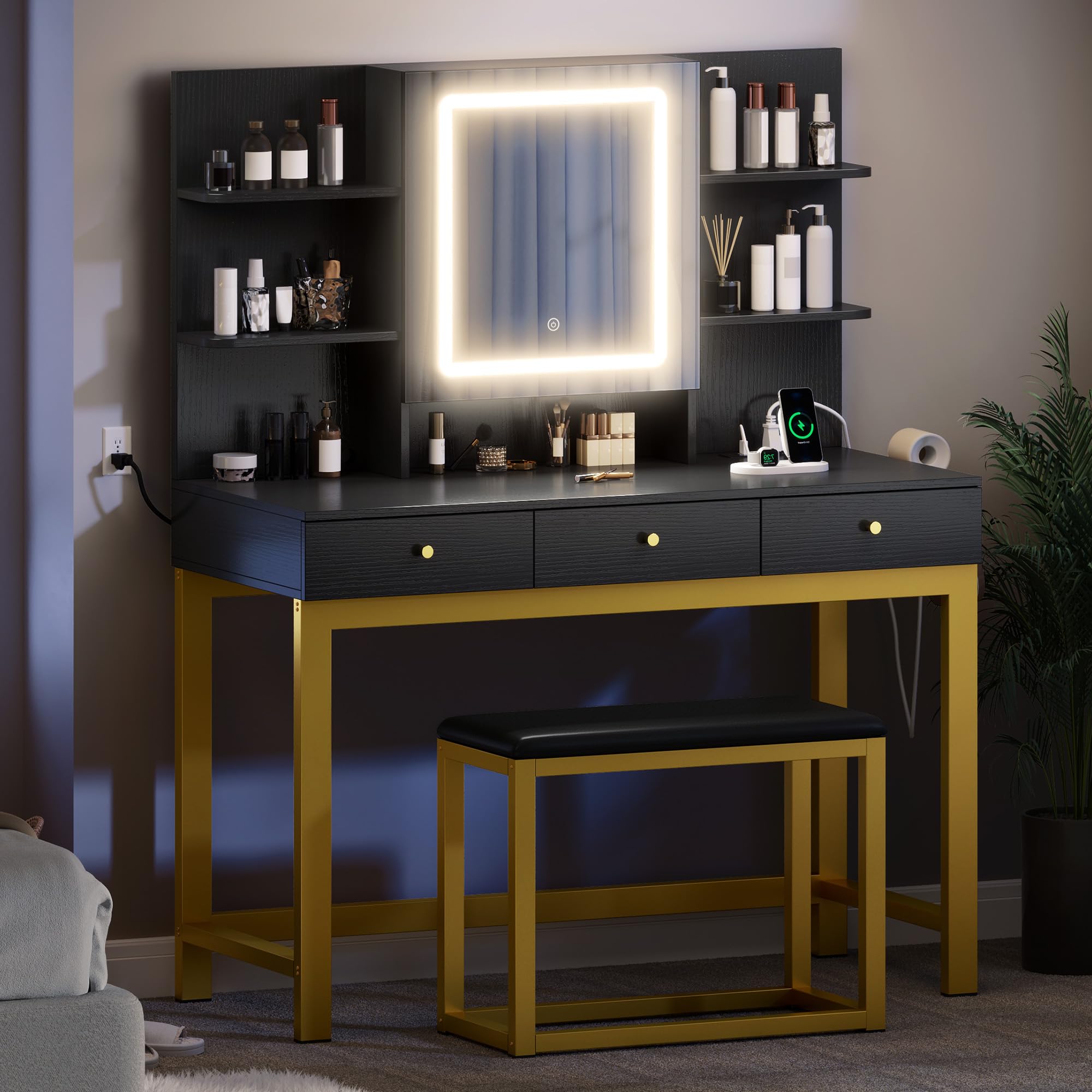 DWVO Vanity Desk with LED Lights Mirror & Power Outlet, Adjustable 3 Lights Modes, Makeup Table with Stool and Hidden Storage Shelves, 3 Drawers, Dressing Table Set with Chair, Upgraded, Black