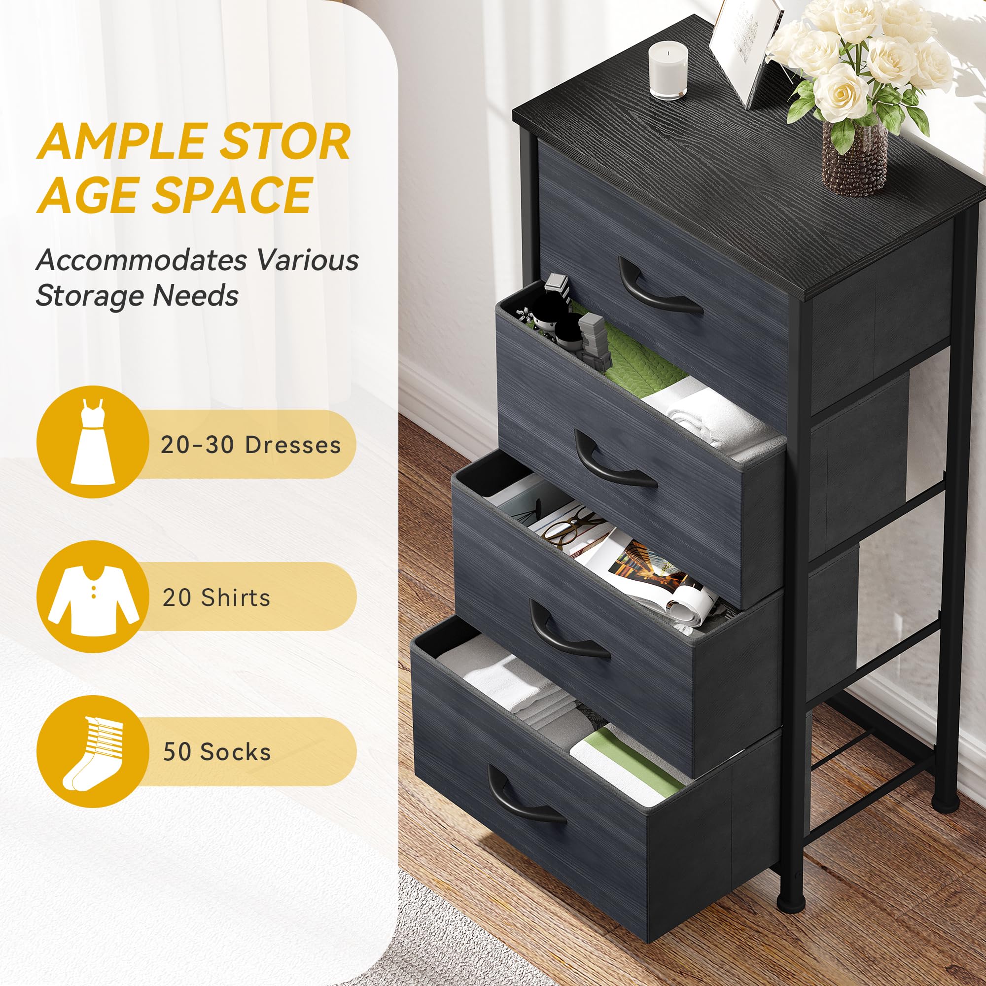 DWVO 4 Drawers Dresser, Dresser for Bedroom, Fabric Storage Tower, Chest of Drawers, Organizer Unit for Closets, Living Room, Sturdy Steel Frame, Wooden Top, Easy Pull Fabric Bins