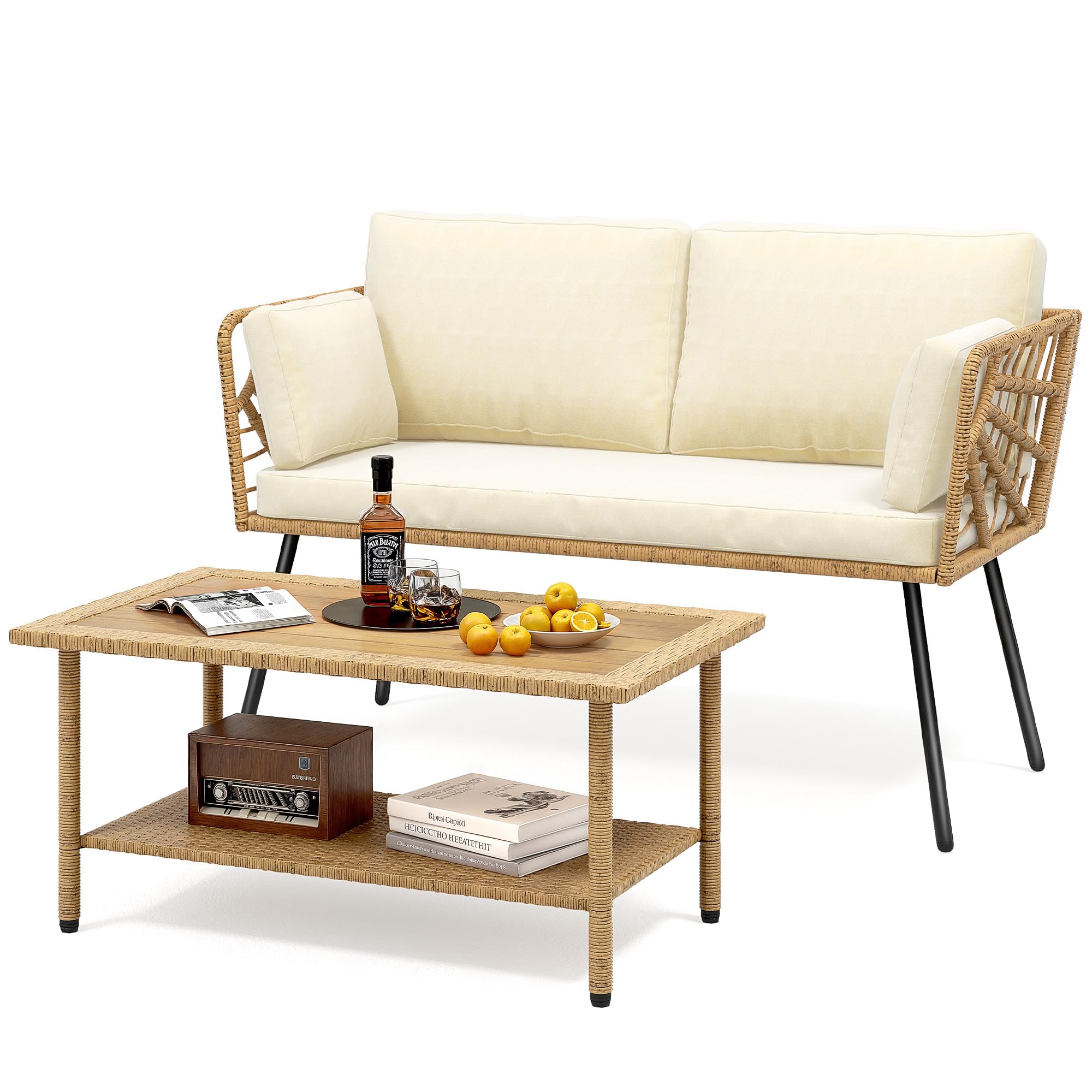 DWVO 2 Pieces Patio Furniture Set, All-Weather Wicker Rattan Loveseat with Thick Cushions & Table, Outdoor Conversation Set for Patio, Balcony, Backyard, Deck, Poolside