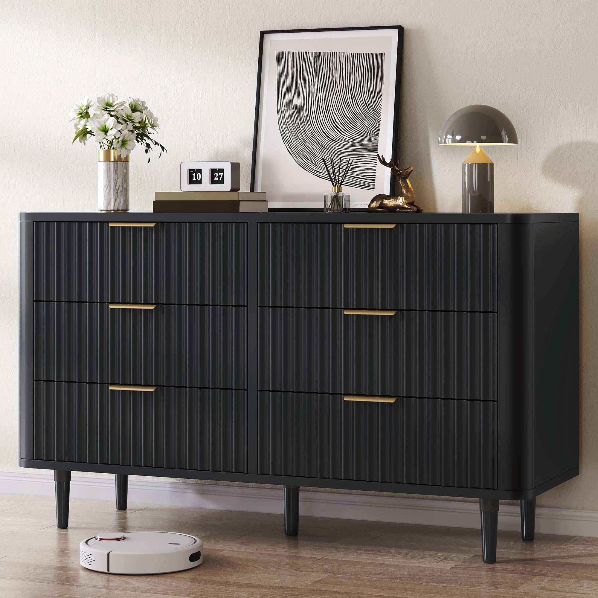DWVO 6 Drawer Dresser with Fluted Panel, 47.2" Wide Modern Closet Dressers Chest of Drawers, Wood Storage Dresser Organizer for Bedroom, Dorms, Flats, Living Rooms, Hallways, Black