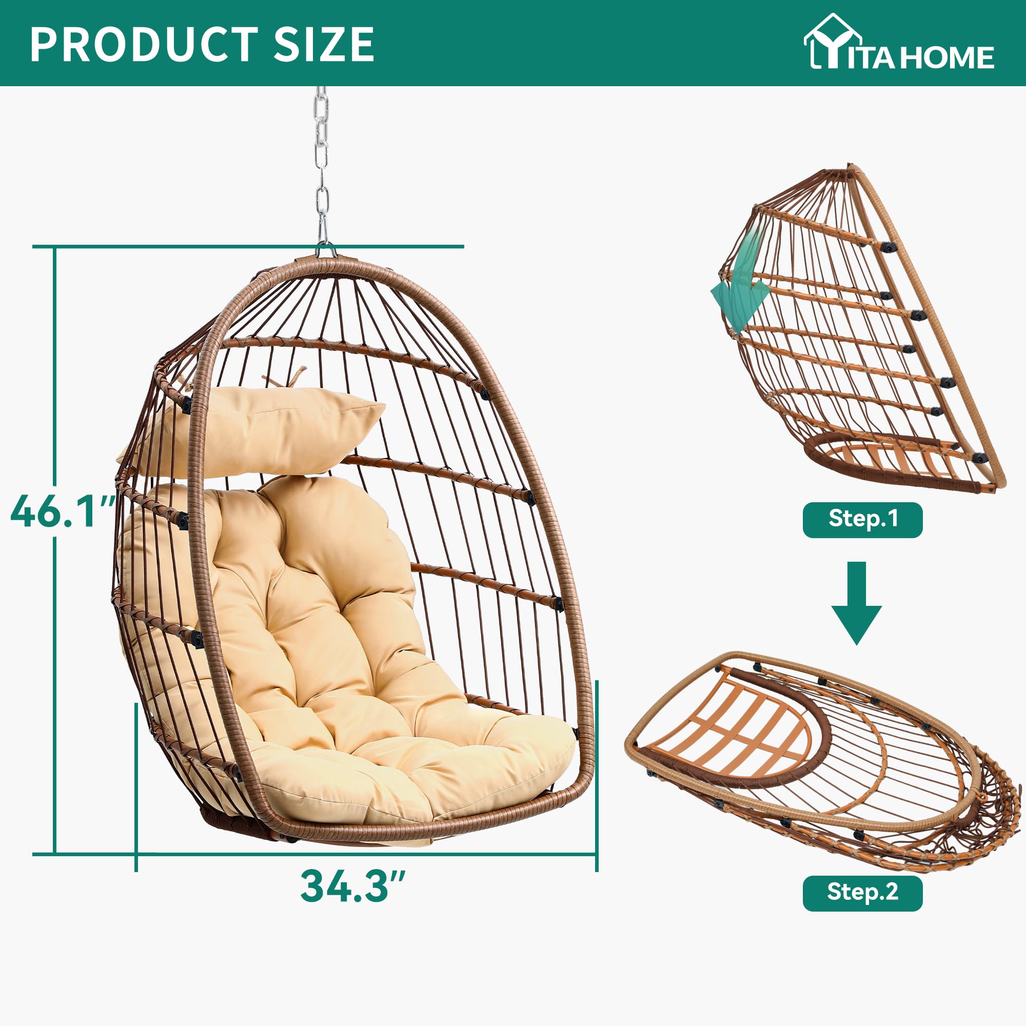 YITAHOME Hanging Egg Swing Chair Outdoor Wicker Hammock Chairs Indoor Without Stand UV Resistant Cushion 350lbs for Patio, Bedroom, Garden and Balcony, Beige