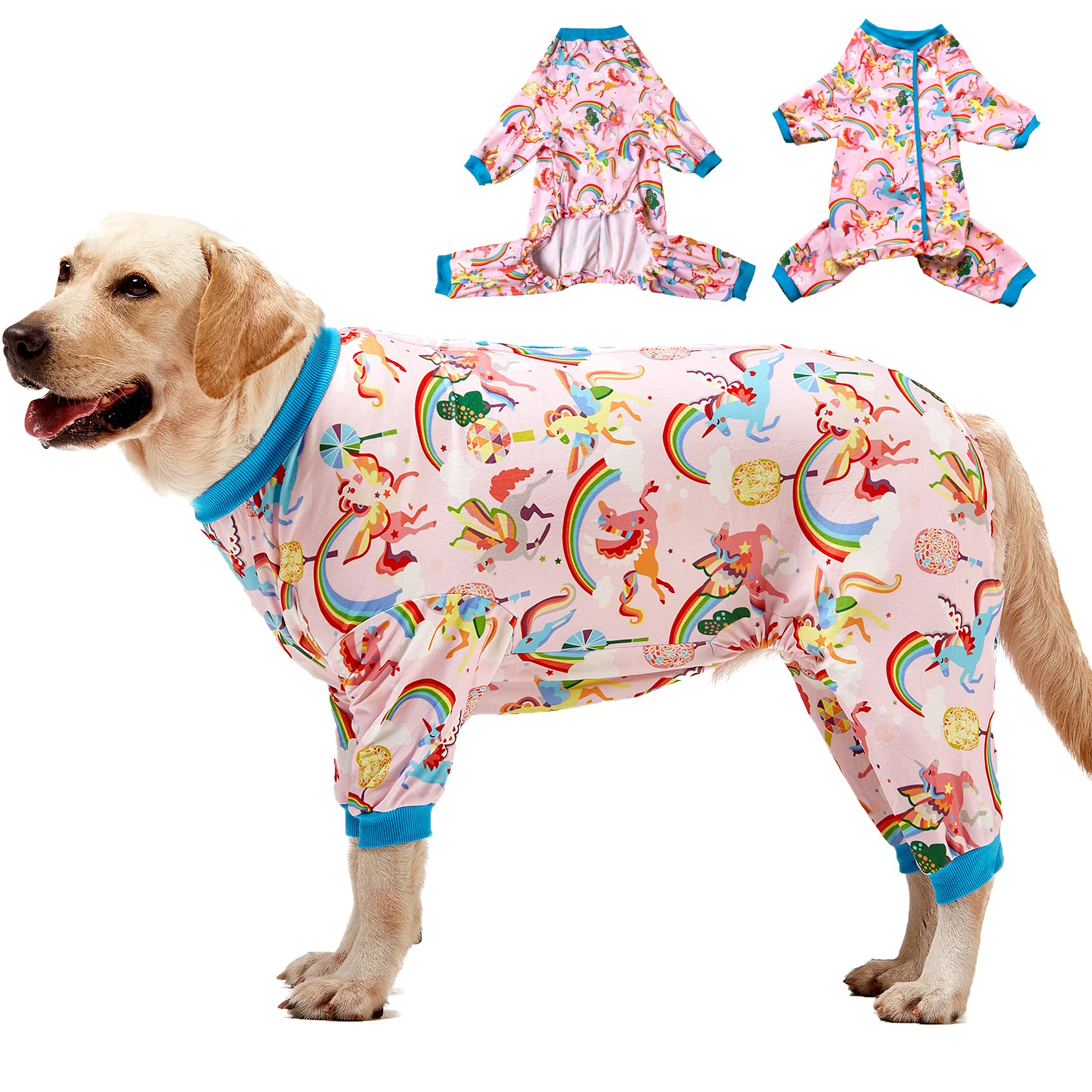 LovinPet Large Dog Pajamas Onesie, Magic Rainbow Shine Pink Print, Lightweight Stretchy Knit Pullover Large Puppy Pajamas, Pjs for Pitbulls, Stop Shedding for Dogs, Pet PJ's, M