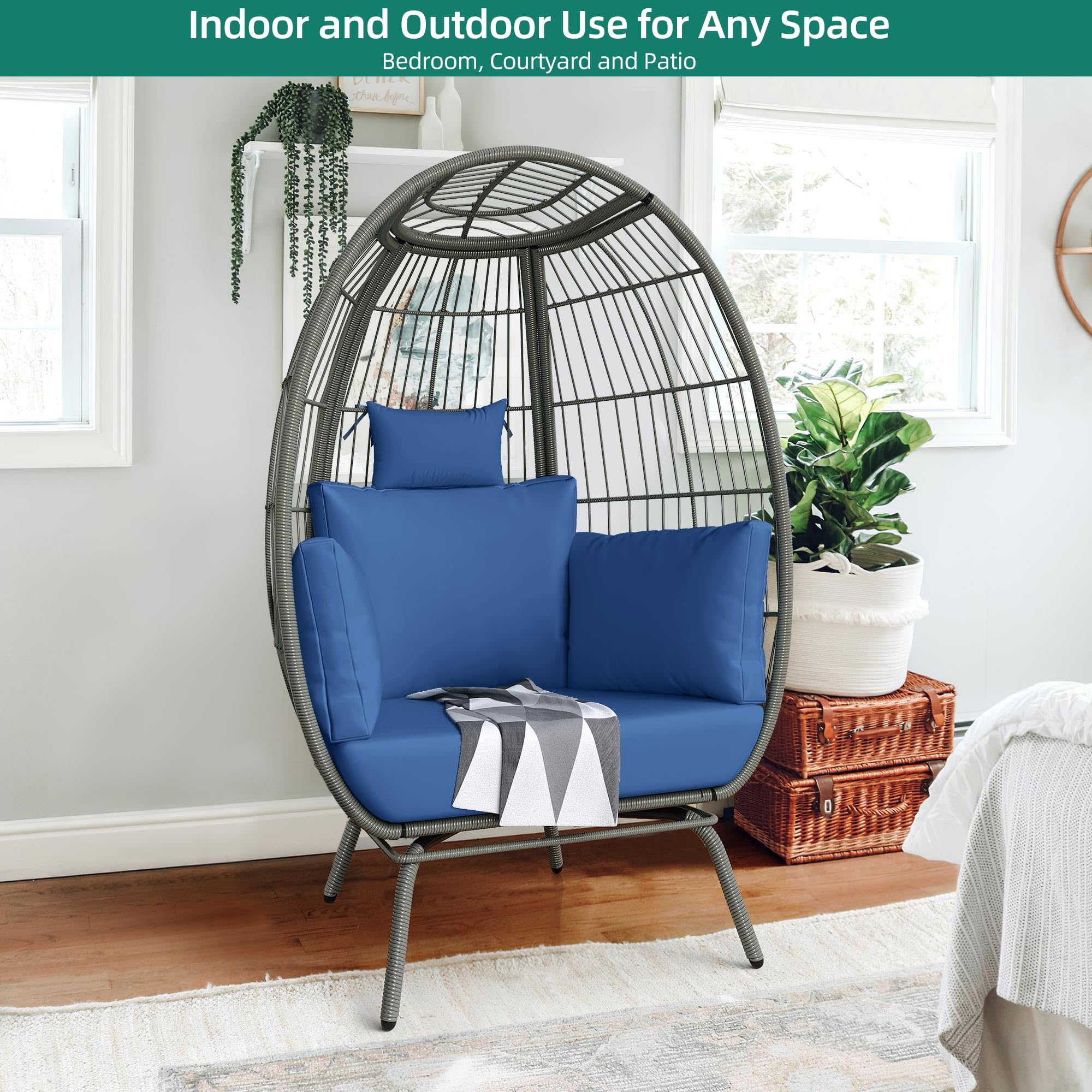 YITAHOME Accent Living Room Egg Chair, Wicker Oversized Basket Chair with 5 Thick Cushions, Comfy Recliner Lazy Chair for Indoor, Bedroom, Reading Room, Lounge (Blue)