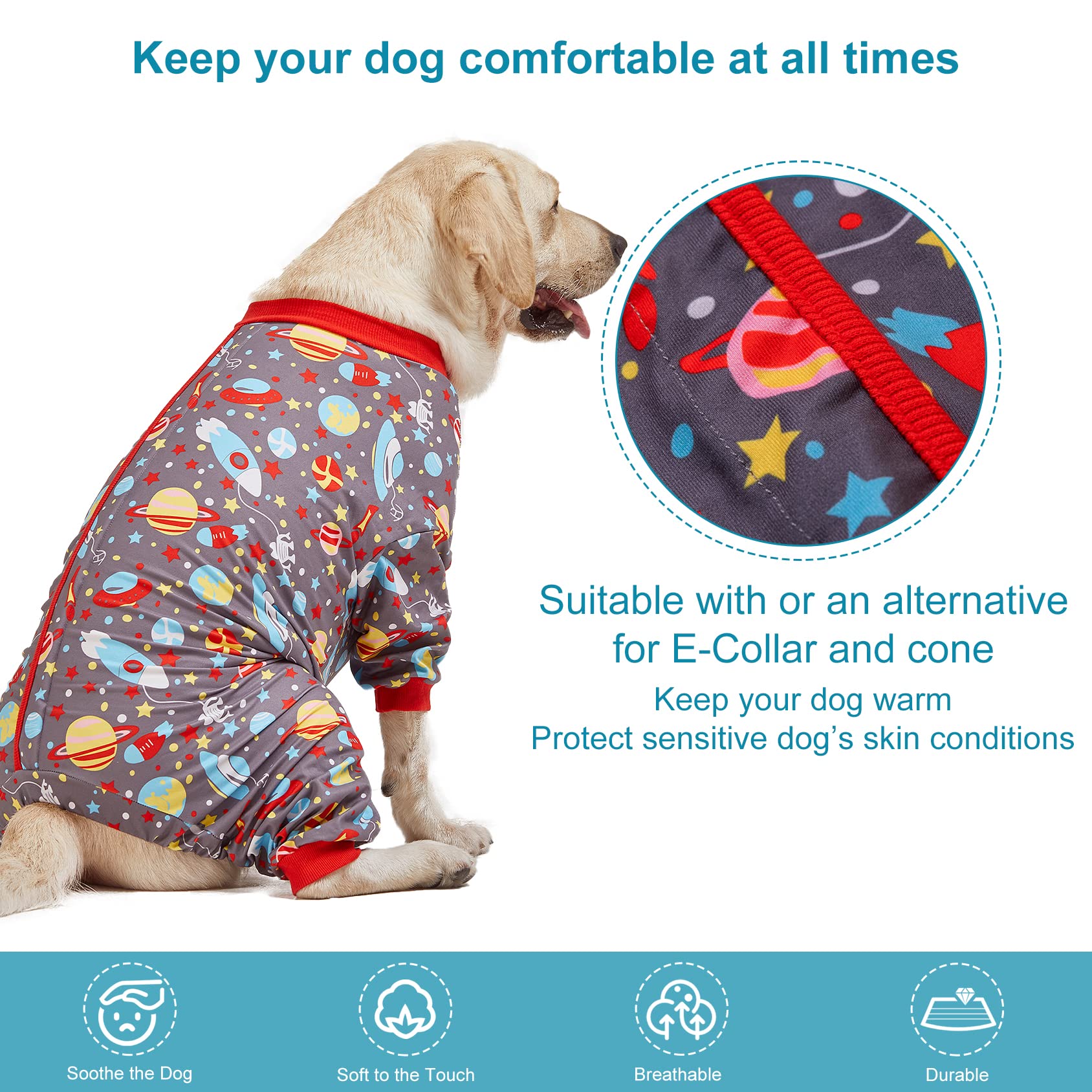 LovinPet Large Dog Pajamas: Large Breed Pitbull/Boxer/Labrador/Doberman, Lightweight Onesie,Space-Travel Grey Print,Post Surgery Shirt,UV Protection,Pet Anxiety Relief,Wound Care BOR Big Dog/Medium