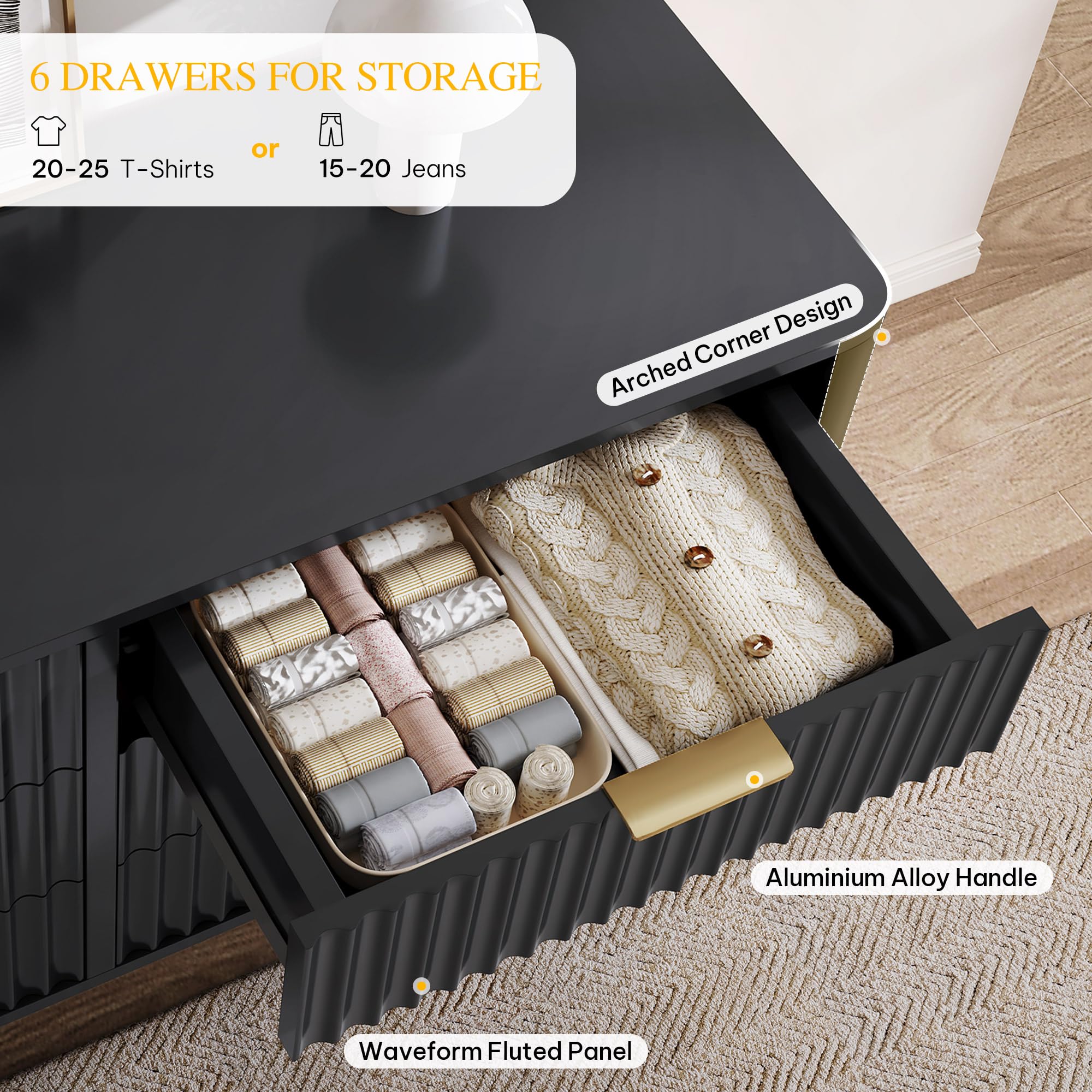 DWVO 6 Drawer Dresser with Fluted Panel, 47.2" Wide Modern Closet Dressers Chest of Drawers, Wood Storage Dresser Organizer for Bedroom, Dorms, Flats, Living Rooms, Hallways, Black