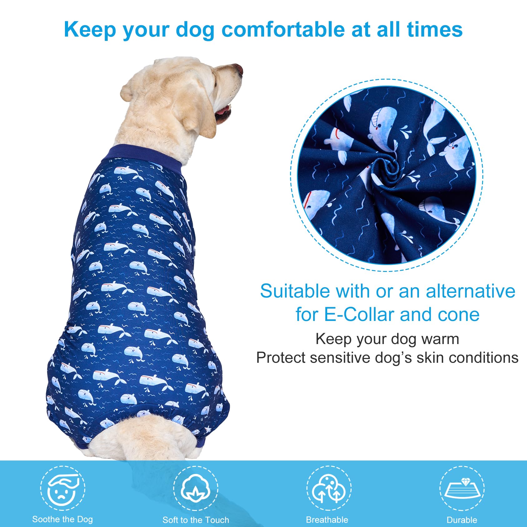LovinPet Large Dog Outfit, Dog Onesie for Surgery, Large Breed Dog Pajamas, Lightweight Navy Whale Print, Pet Pajamas for Dogs, UV Protection Shirt for Dogs, Pitbull Clothes,Blue, L