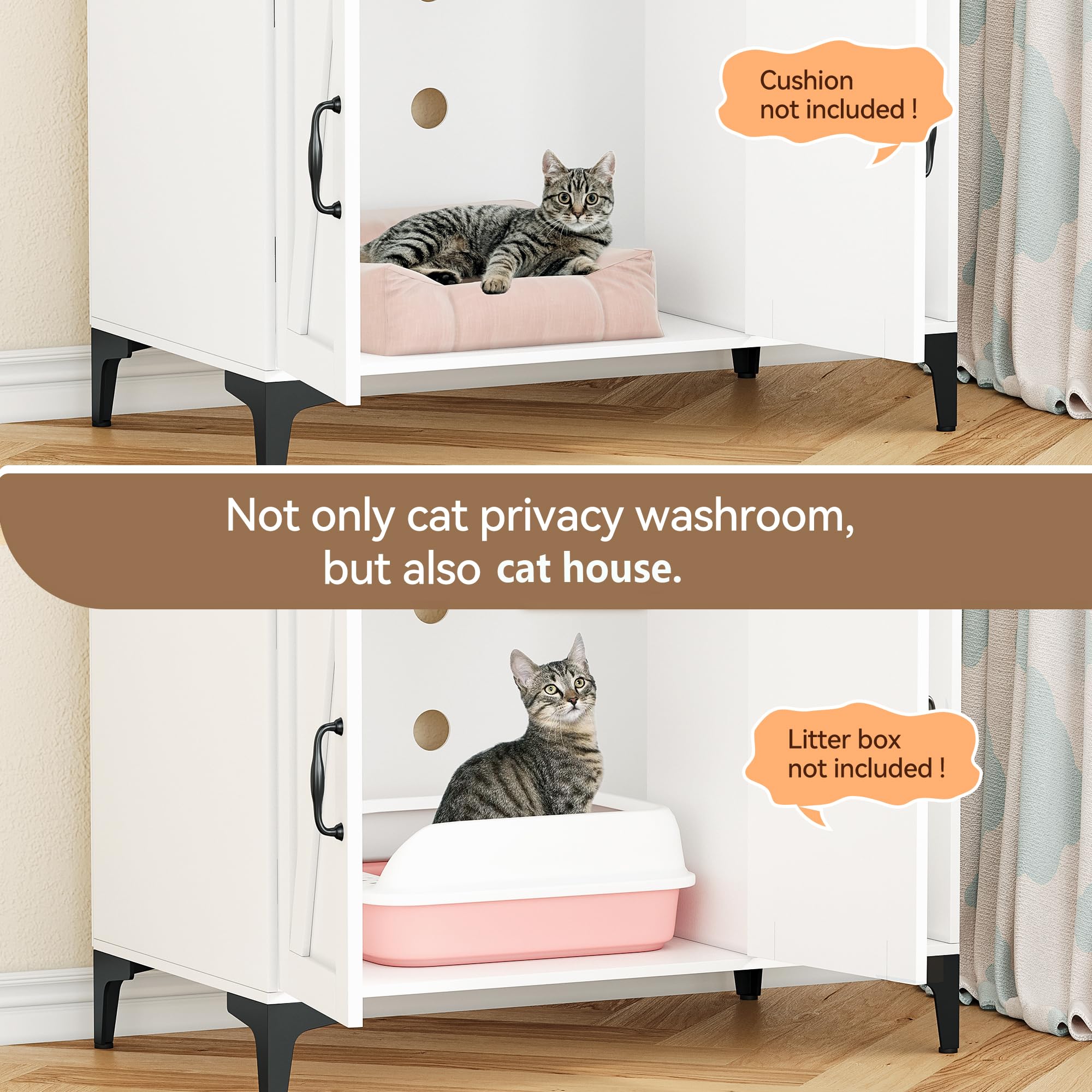 GarveeLife Litter Box Enclosure with Shelves, Cabinet, Hidden Cat Box Furniture, Scratching Mat, Wood Sturdy Washroom Storage, Indoor House, White