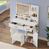 DWVO Vanity Desk, Makeup Vanity Table with LED Mirror, Power Outlets, Storage Drawers & Cabinet, Shelves, and Cushioned Stool, White Dressing Room Vanity Set