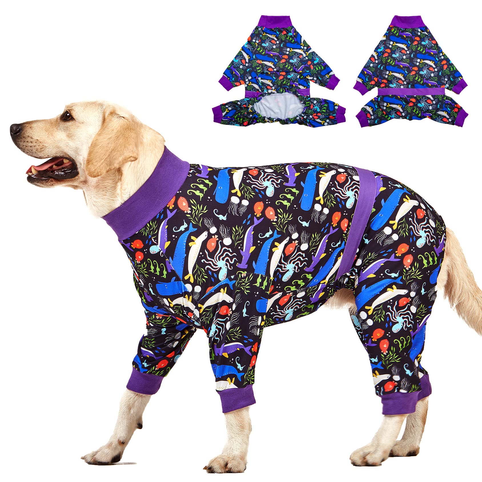 LovinPet Large Big Dog Pajamas - Post Surgery Onesie for Large Dog Breeds, Reflective Stripe, Lightweight Breatheable Stretchy Knit, Charcoal Gray Deep Sea Print, Pitbull Clothes, Pet PJ's, Black M
