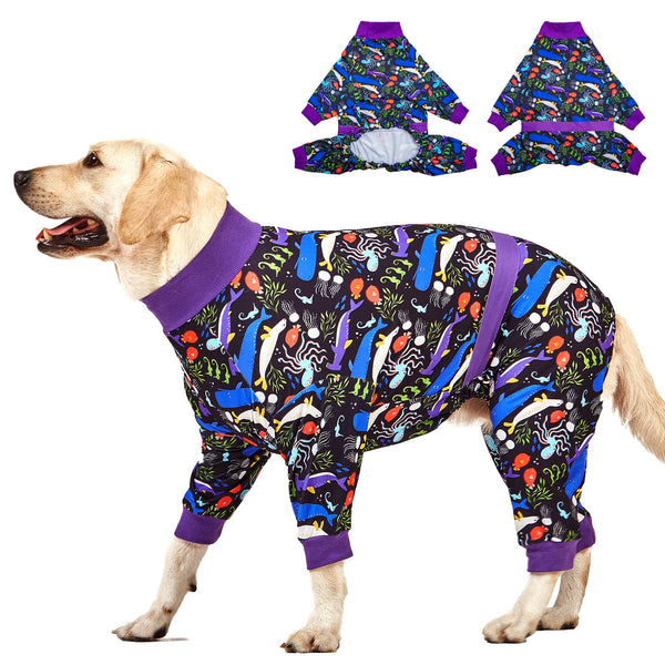 LovinPet Large Big Dog Pajamas - Post Surgery Onesie for Large Dog Breeds, Reflective Stripe, Lightweight Breatheable Stretchy Knit, Charcoal Gray Deep Sea Print, Pitbull Clothes, Pet PJ's, Black M