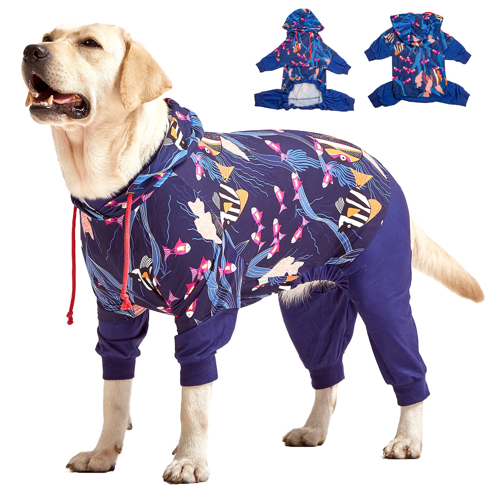 LovinPet Big Pitbull Dog PJS Wound Care/Post Surgery Dog Clothes,Anxiety Relief Onesies for Dogs,Lightweight Stretchy,Pet Pajamas for Dogs, Reflective Stripe,Fishtopia Seascape Navy Print /3XL