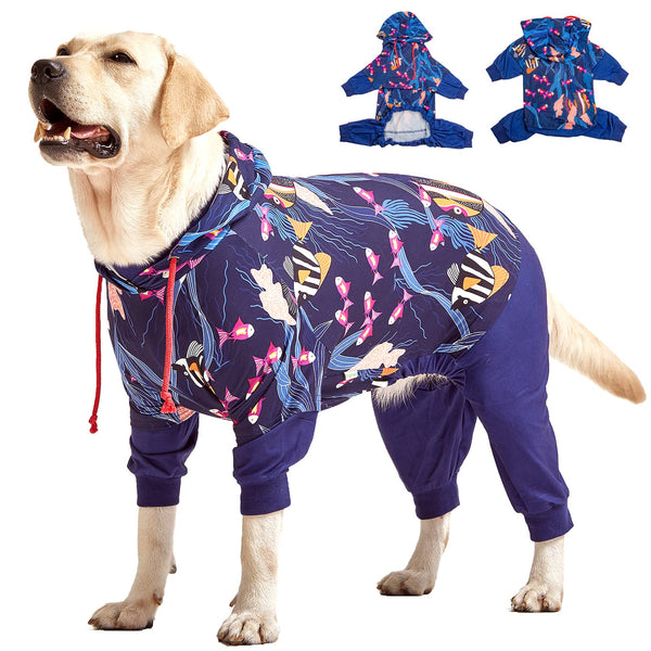 LovinPet Big Pitbull Dog PJS Wound Care/Post Surgery Dog Clothes,Anxiety Relief Onesies for Dogs,Lightweight Stretchy,Pet Pajamas for Dogs, Reflective Stripe,Fishtopia Seascape Navy Print /3XL