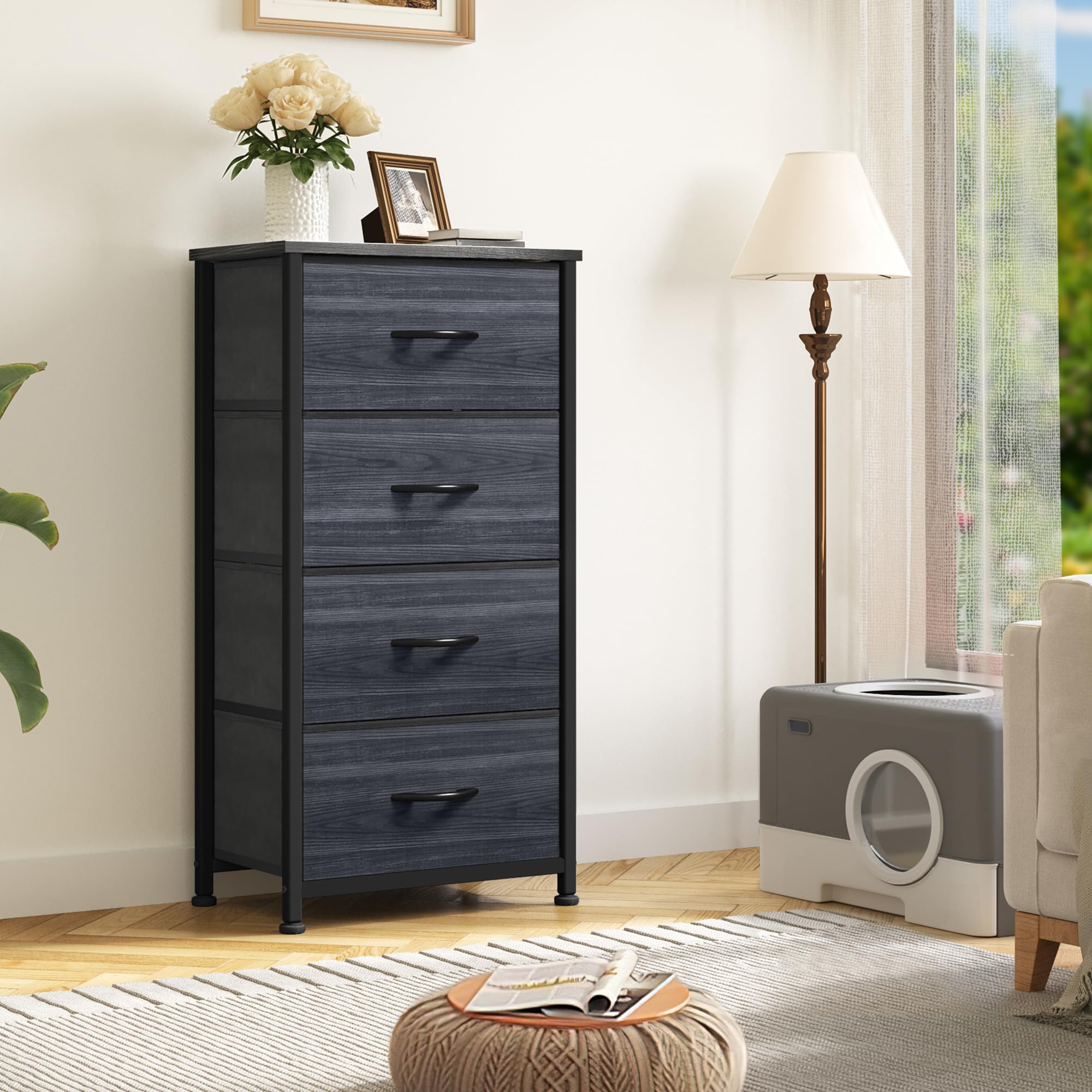 DWVO 4 Drawers Dresser, Dresser for Bedroom, Fabric Storage Tower, Chest of Drawers, Organizer Unit for Closets, Living Room, Sturdy Steel Frame, Wooden Top, Easy Pull Fabric Bins