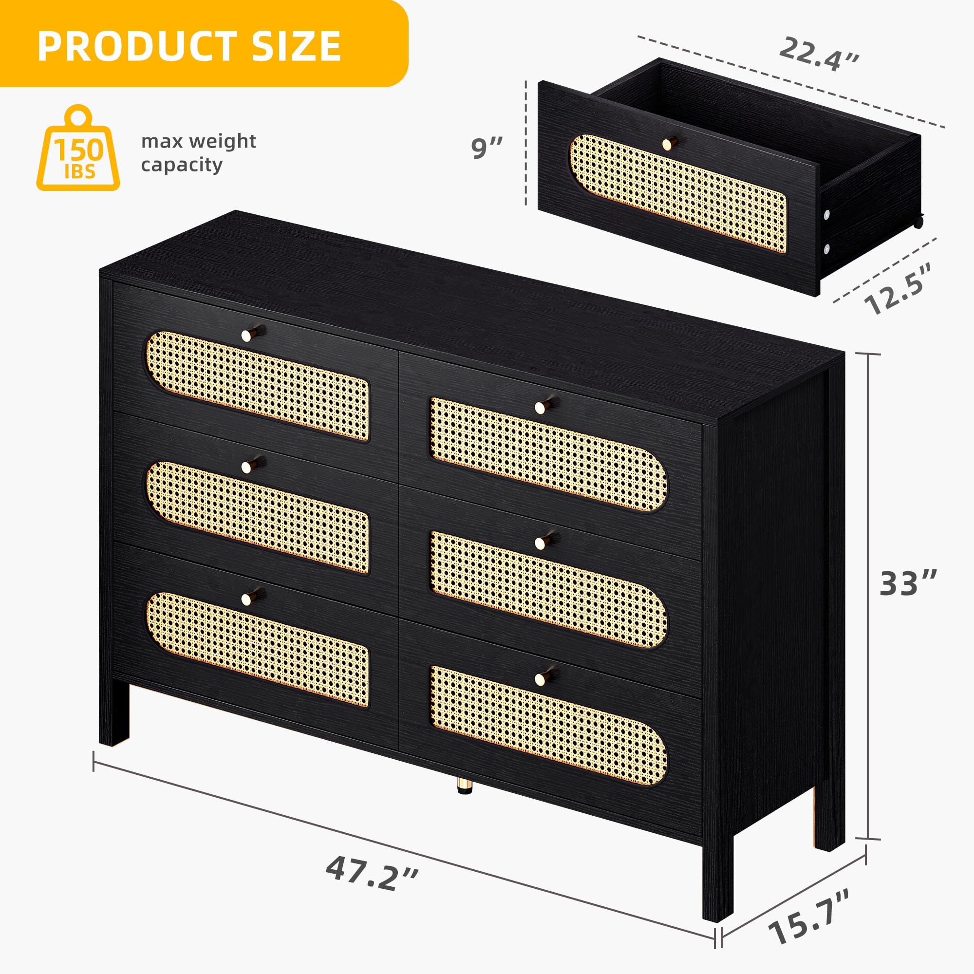 DWVO Buffet Cabinet Rattan - Storage with 6 Wood Storage Closet Dressers Chest - Coffee Bar with Drawer-Accent with Golden Handles for Living Room/Dining Room/Entryway-Black