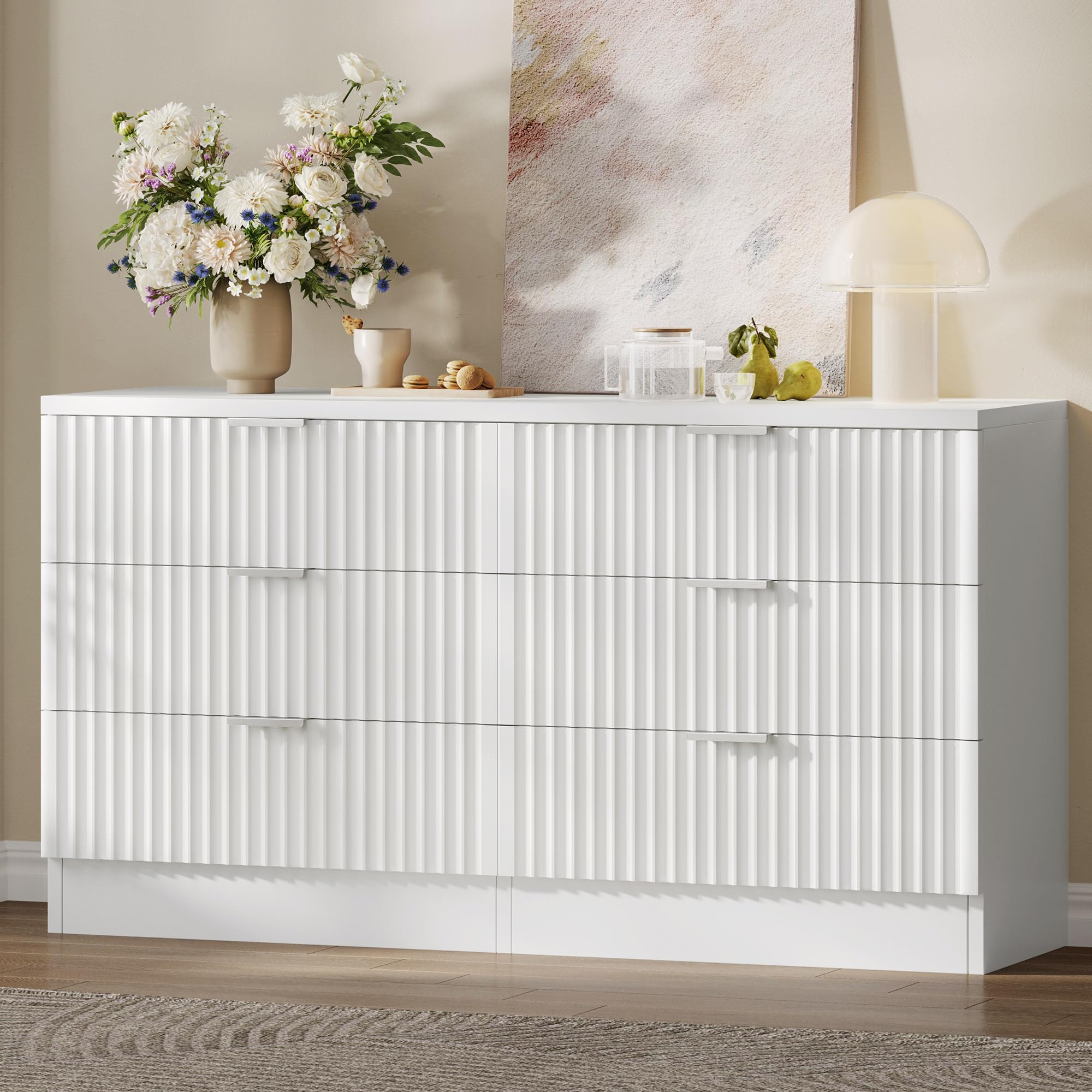 DWVO 6 Drawer Dressers, High Gloss White Dressers Drawers with Fluted Panel, Wide Versatile TV Stand Cabinet Table for Kitchen and Office, White