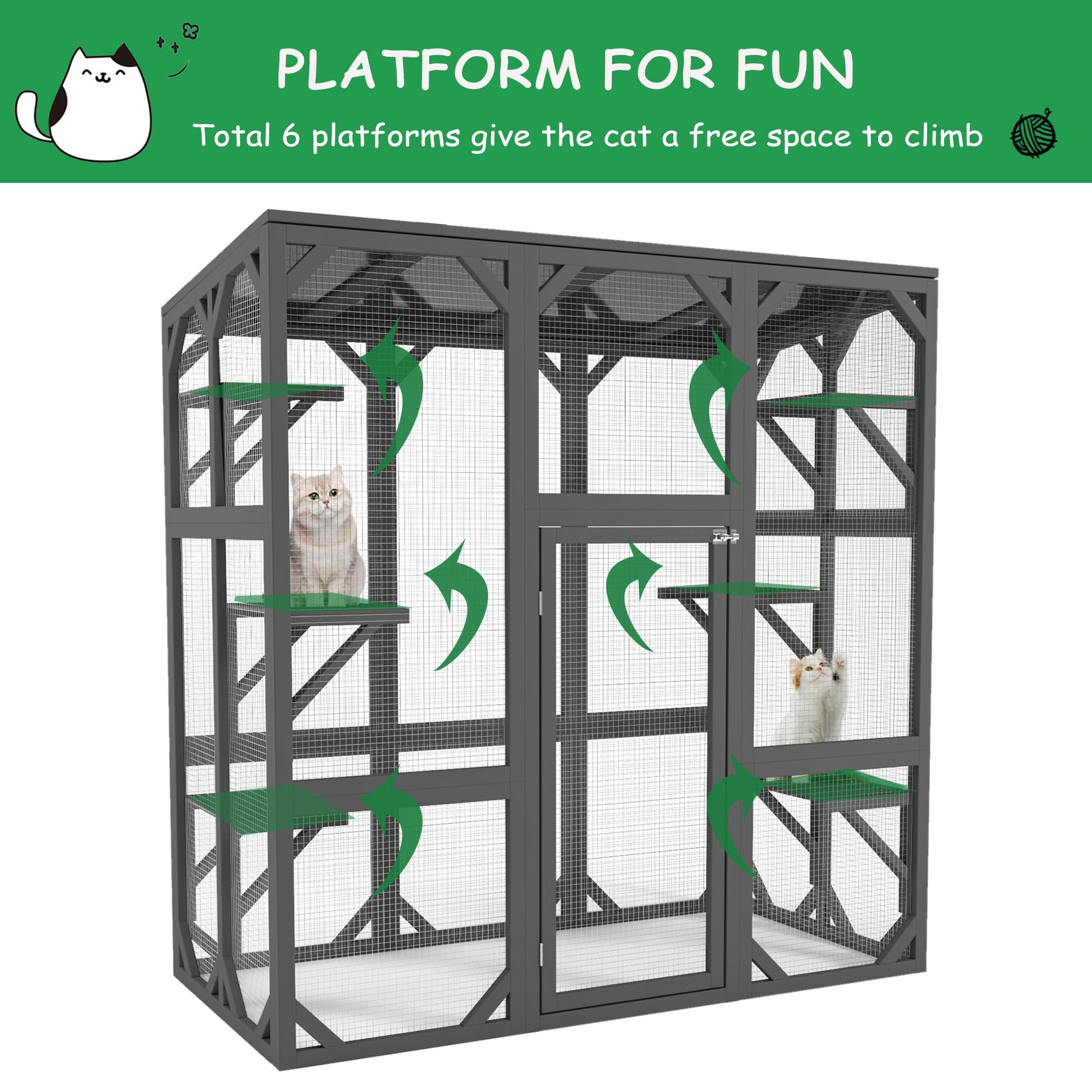Wooden Window Catio Outdoor Cat Enclosure, Large Feral Cat Shelter for Mulitiple Cats, Walk in Cage with 6 Platforms, Outside Cats Patio Enclosure Weatherproof Roof Gray