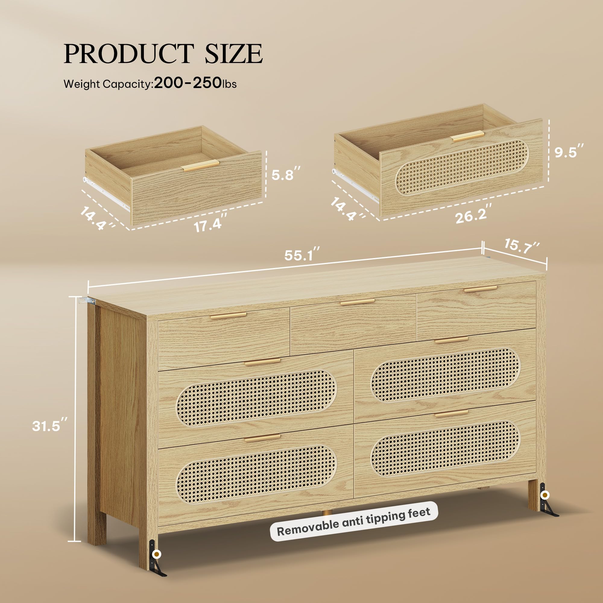 DWVO Natural Rattan 7 Drawer Dressers - Oak Wooden Dresser Chest of Drawers with Golden Handles - Modern Large Closet Boho Dressers Storage Cabinet for Living Room/Hallway/Entryway