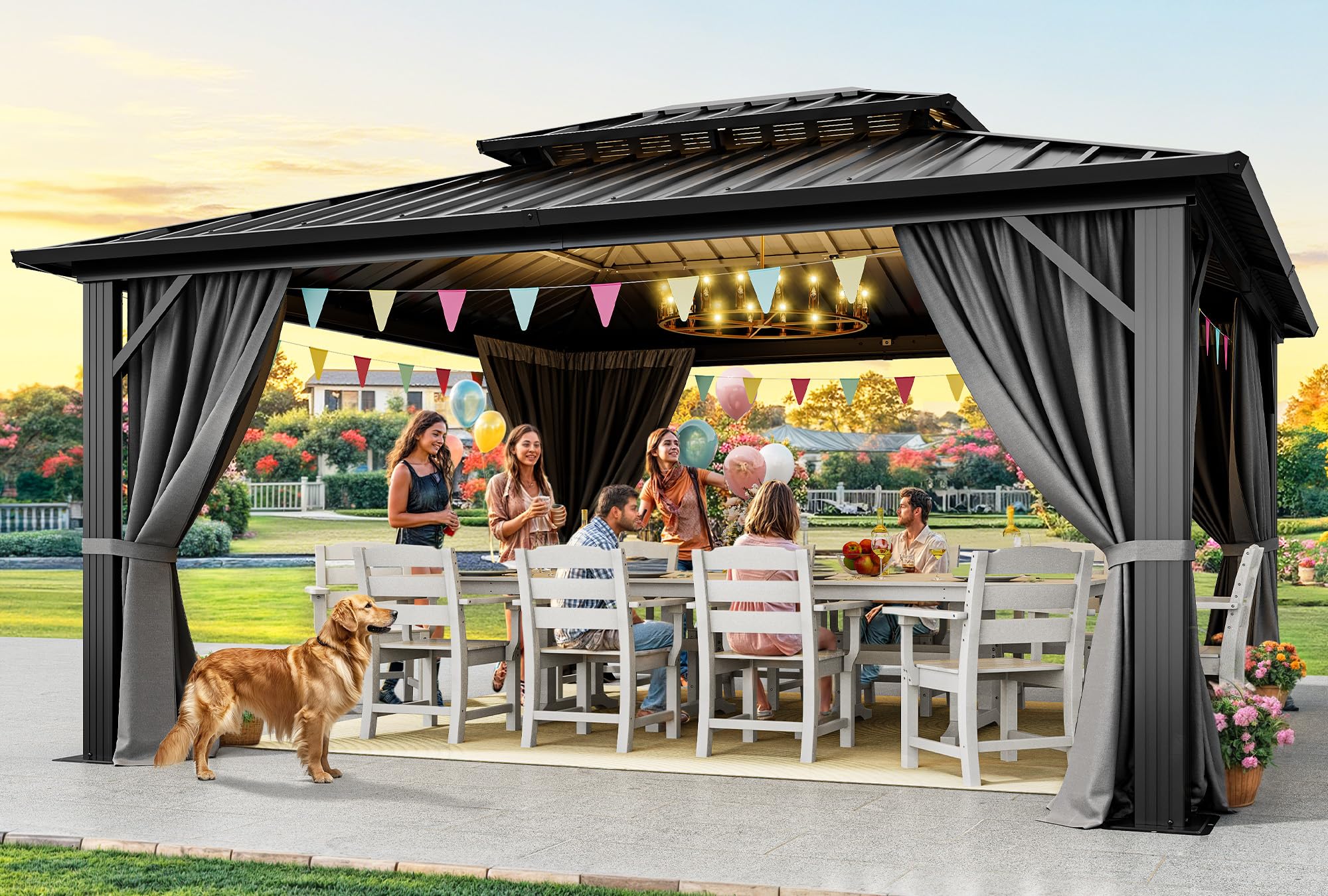 YITAHOME 10X12FT Hard Top Metal Gazebo Patios Double Roof Canopy Aluminum Frame Garden Gazebo Tent Curtains Netting for Patios Backyards Decks Lawns Gray