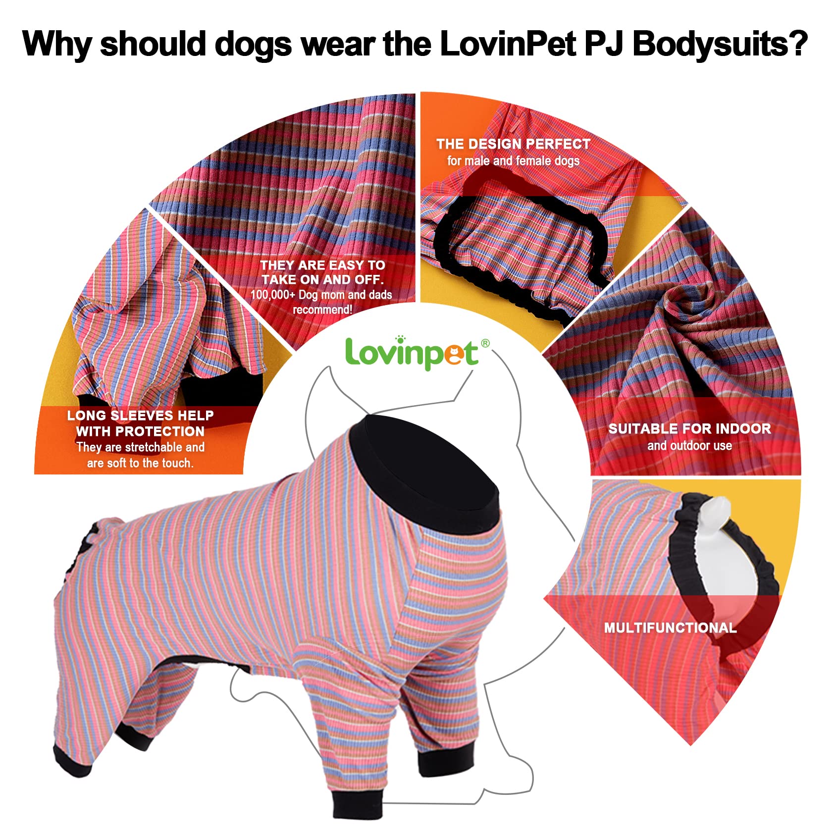 LovinPet Large Dog Pajamas, Cotton Multicolor Stripe Big Dog Shirt, Stop Shedding for Dogs, Full Body Dog Onesie, Pet Pajamas for Dogs, Pet PJ's, 3XL