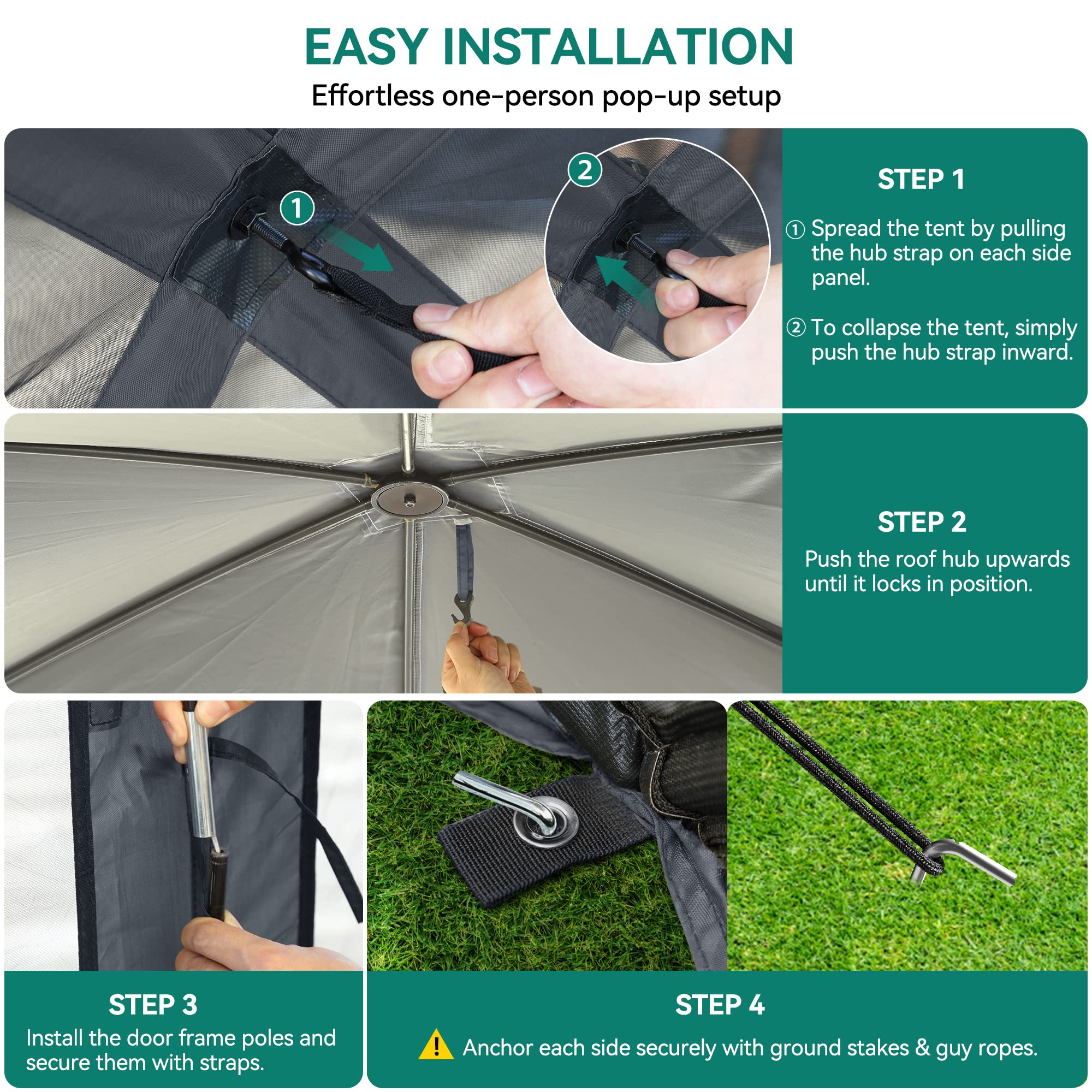 YITAHOME 11.5x11.5ft Camping Gazebo, Portable Pop Up Canopy Outdoor Screen Tent 6 Sided with Mesh Windows and Carry Bag for Camping, Picnic, Backyard Party Outside Activities, Gray