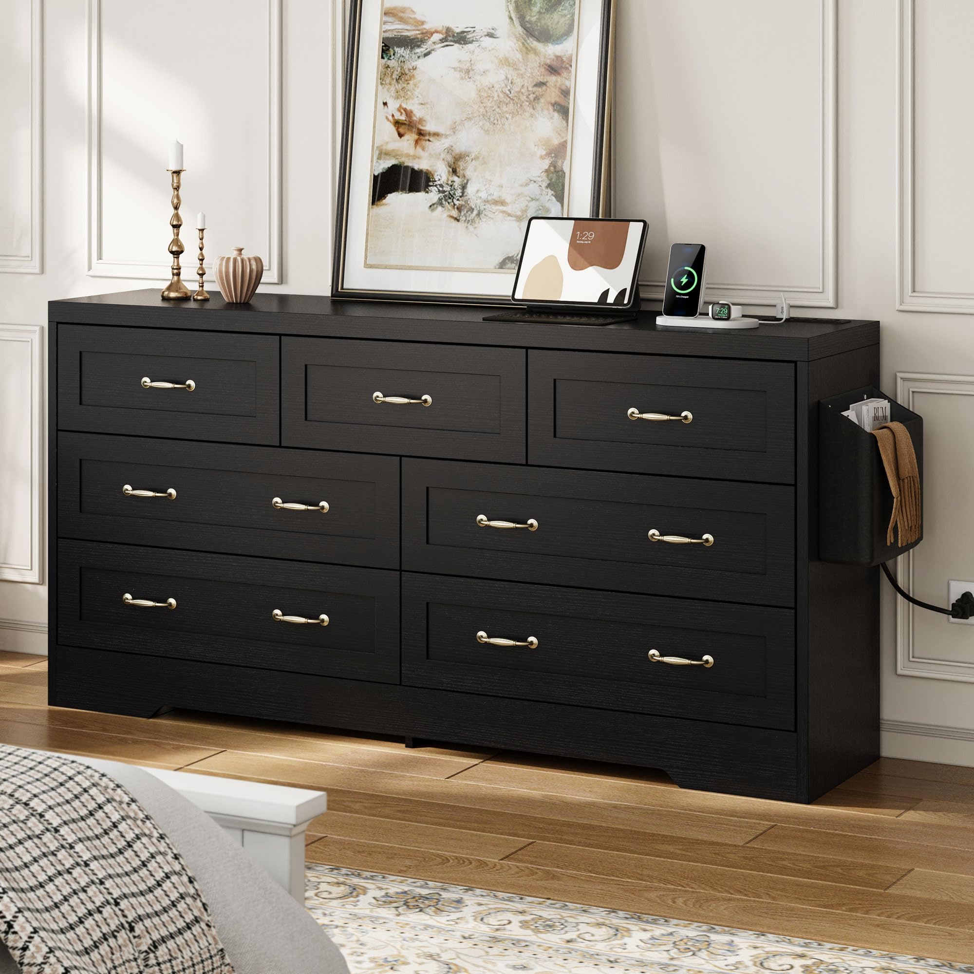 DWVO Large Buffet Sideboard Cabinet with 7 Drawers Power Outlets, Dressers Buffet Table Coffee Bar Wine Bar Storage Cabinet with Side Bags for Dining Room, Living Room (Black)