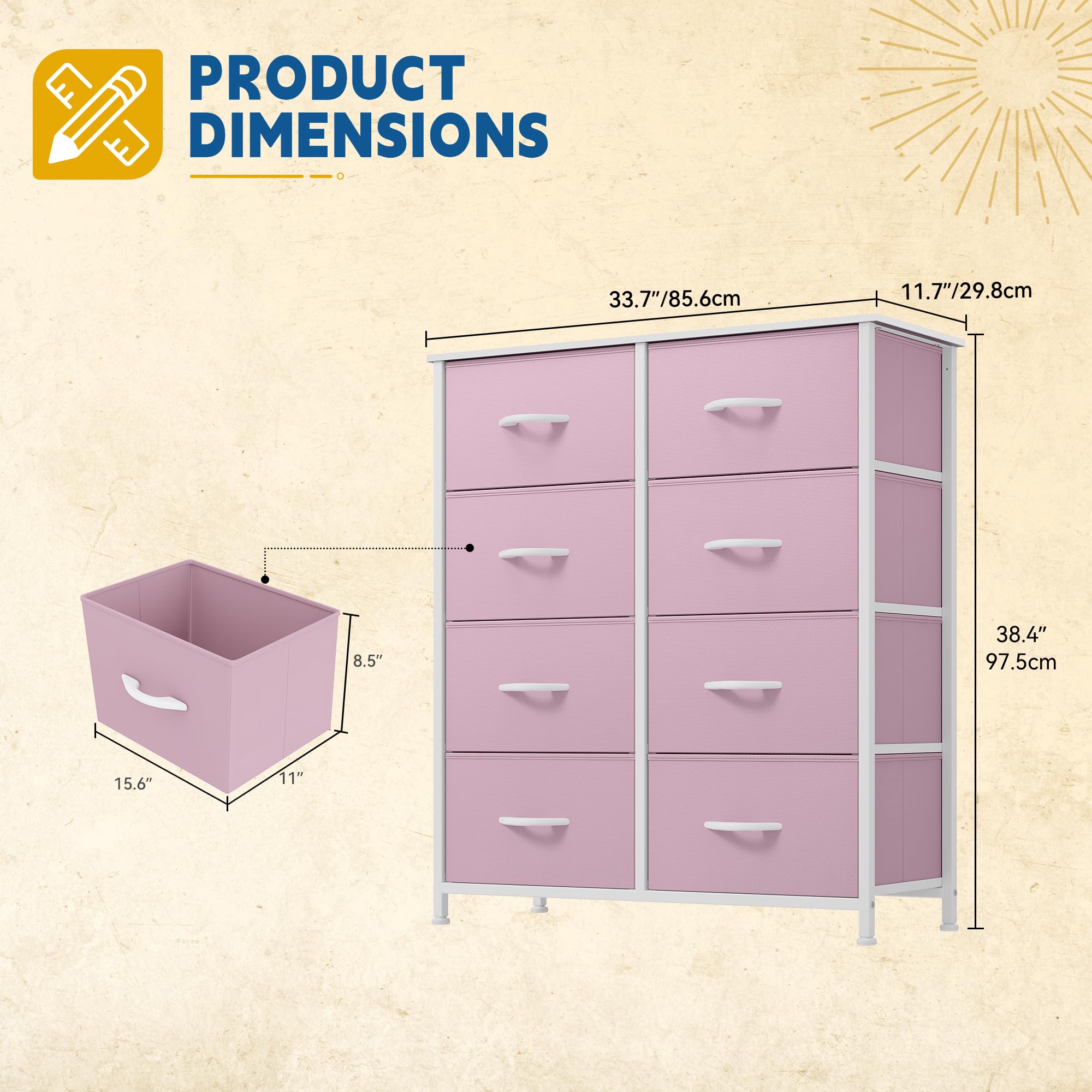 DWVO Fabric Dresser for Bedroom, Tall Storage with 8 Drawers, Pink Chest of Drawers, Storage Drawer Organizer for Closet (Begonia Pink)
