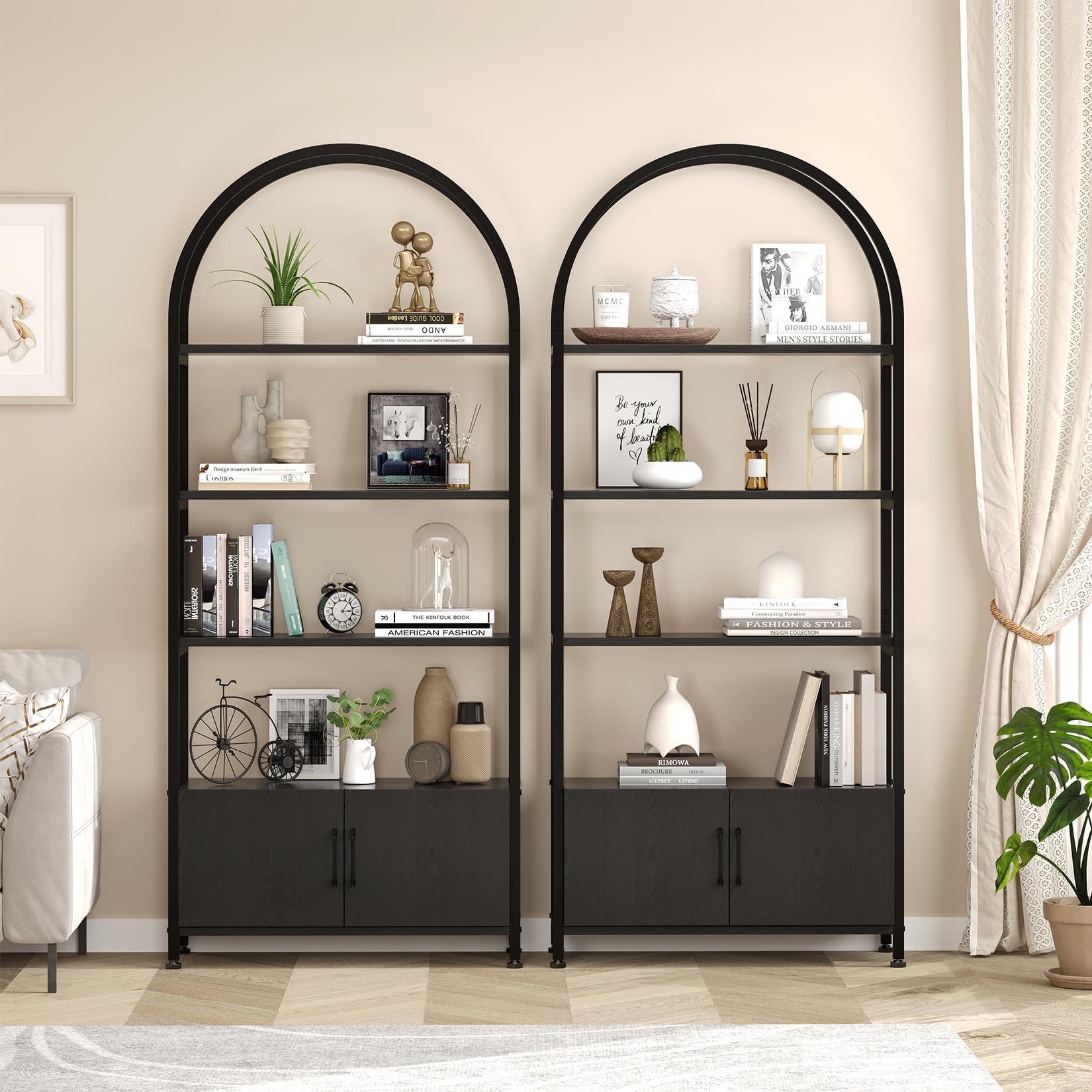 4 Tier Bookshelf, Arched Bookcase with Doors Storage, 71.5 Inches Tall Industrial Book Shelf with Sturdy Metal Frame and Quality Boards, Freestanding Display Shelving Bookshelf for Study,Black