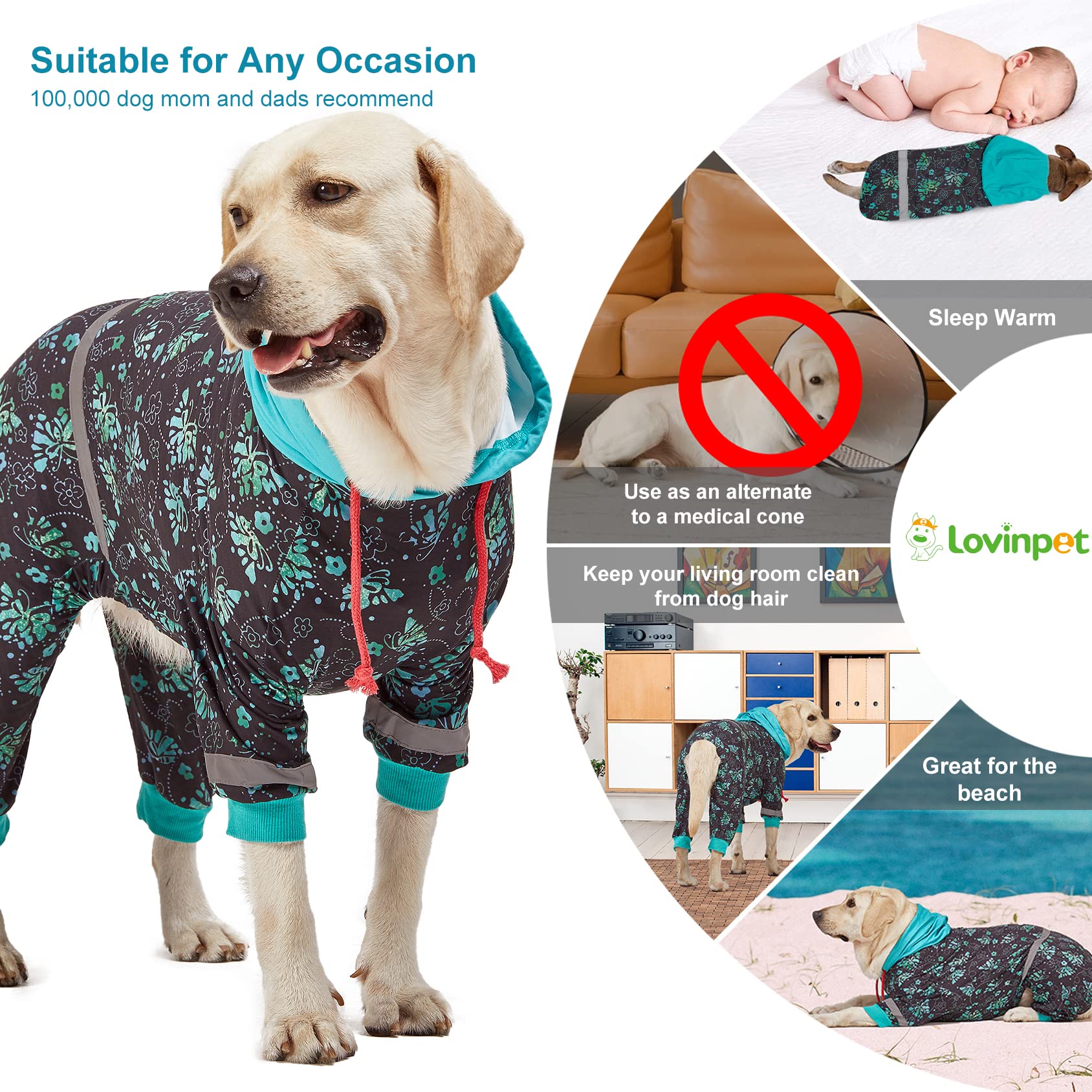 LovinPet Dog Pajamas, UV & Wound Care, Dog Anxiety Relief, Reflective Stripe, Butterflies and Rings Black Print, Post Surgery Pet PJ's, Large Breed Dog Onesie Pajamas, Large