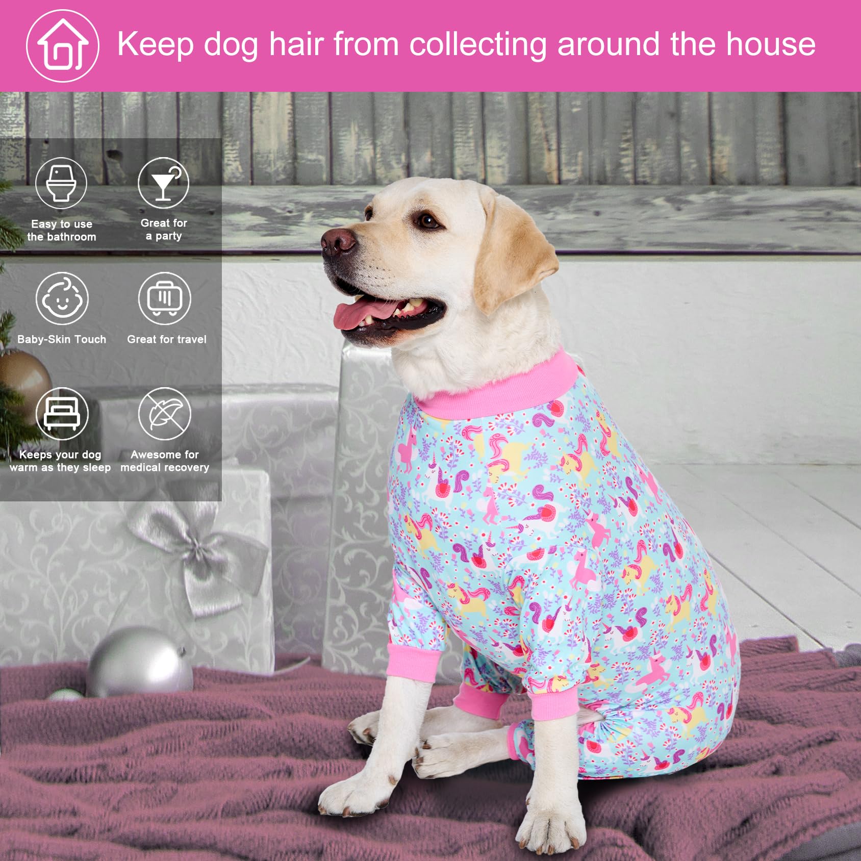 LovinPet Dog Pajamas, Large, Seafoam Unicorn Print, Stretchy, Post Surgery Recovery Suit for Pitbull, 65% Cotton, Breathable, Machine Washable, Pull On, Fantasy Style, Pajamas, Dog Shirt